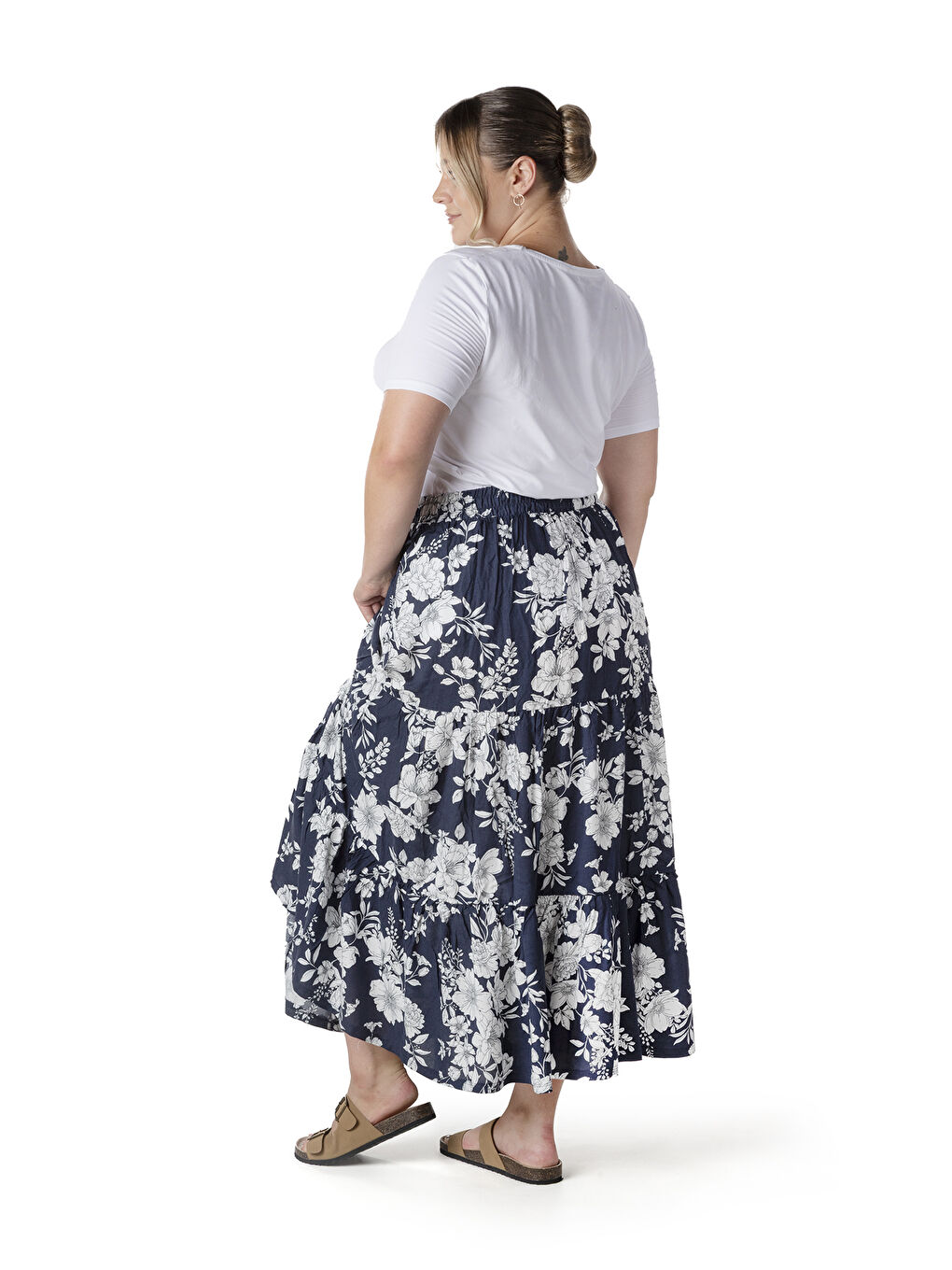 Lacivert Büyük Beden Çiçek Desenli Beli Listekli Bileli Uzun Etek T-14-4