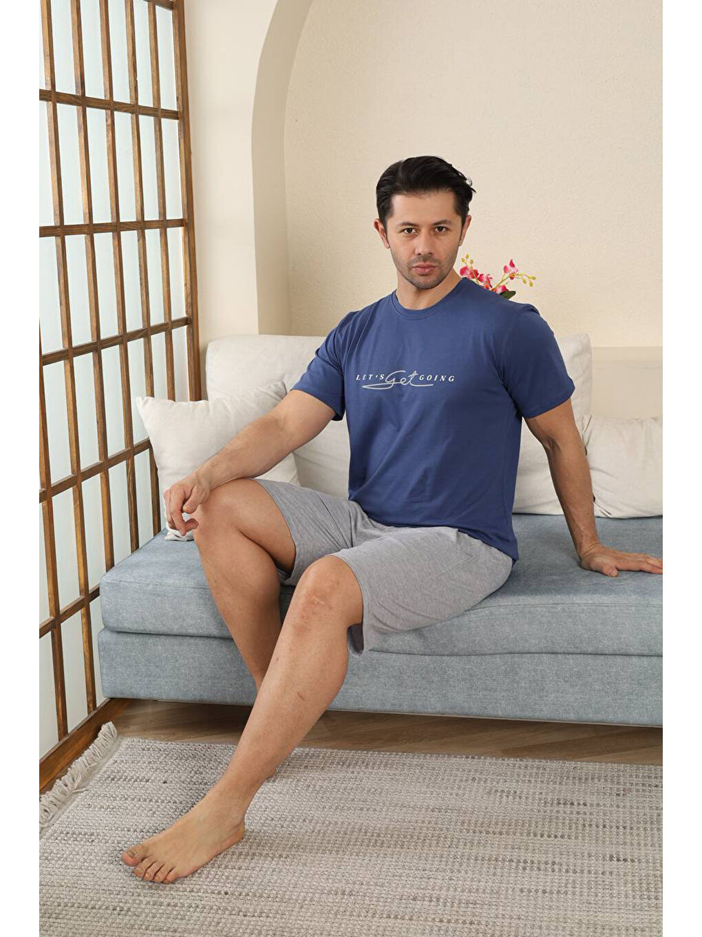 Lacivert %100 Pamuklu Kısa Kollu Cepli Erkek Şortlu Pijama Takımı 2015-3