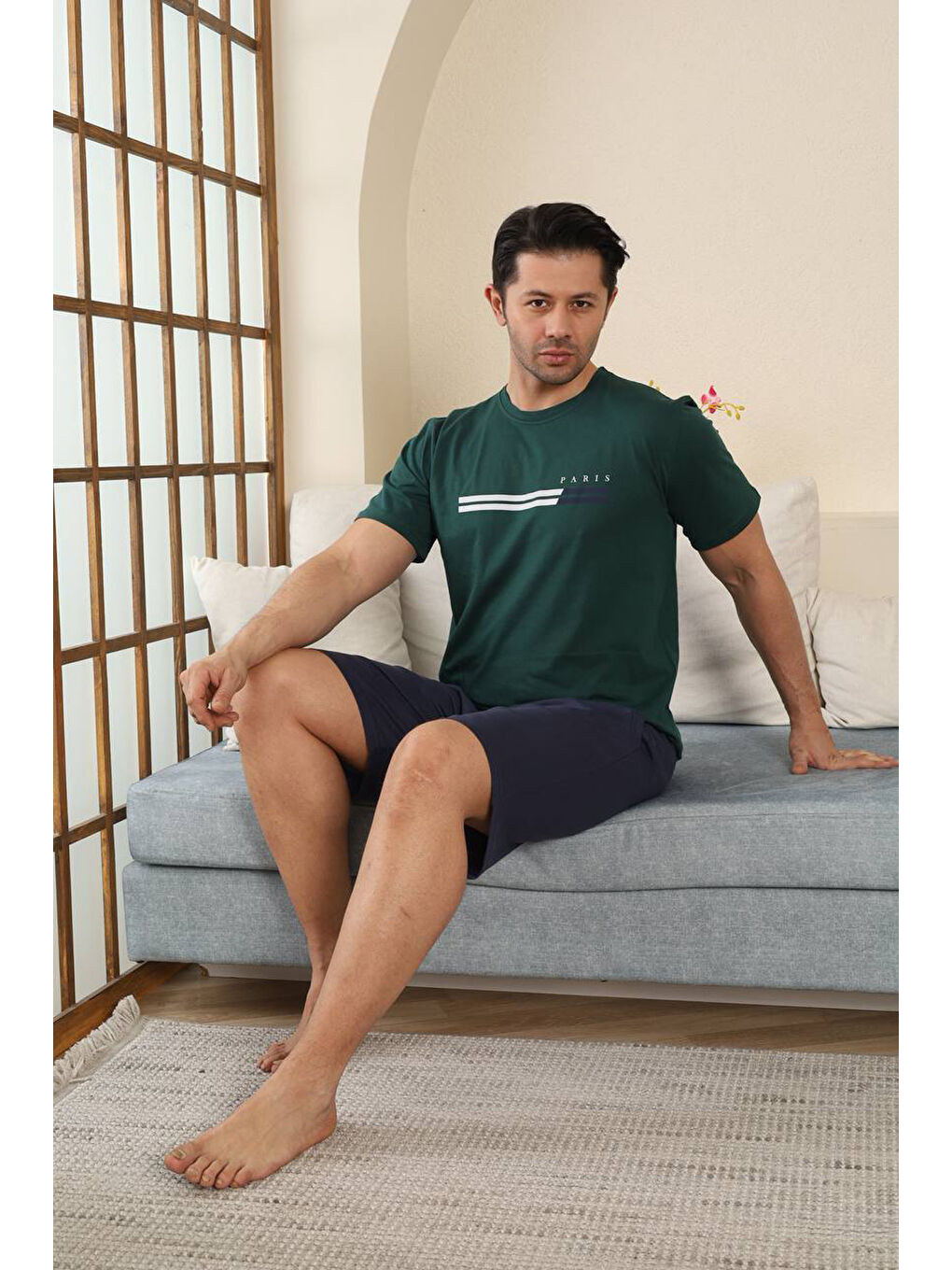 Haki %100 Pamuklu Kısa Kollu Cepli Erkek Şortlu Pijama Takımı 2015-3