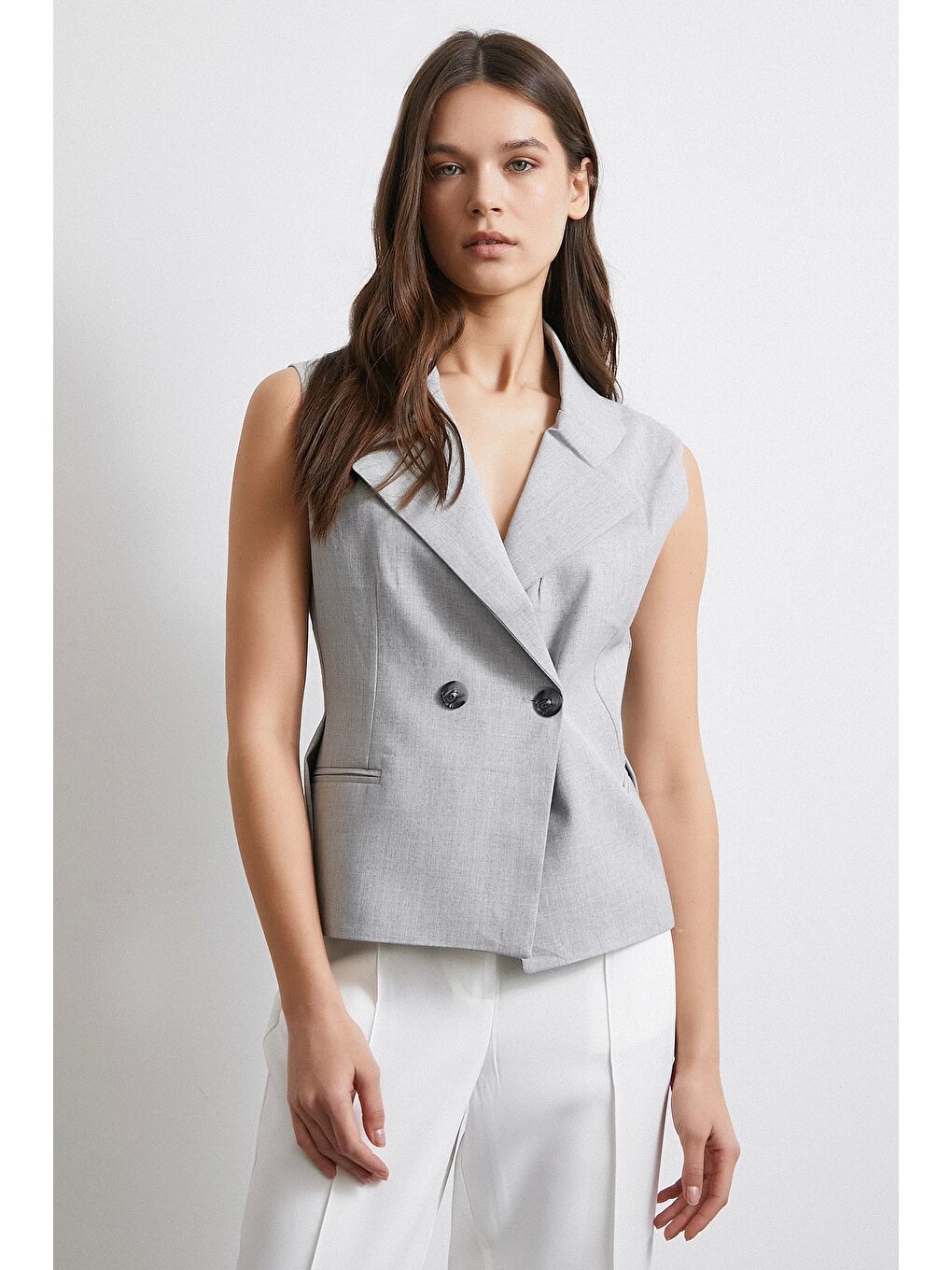 Çift Düğmeli Gömlek Yaka Yelek Gri-3