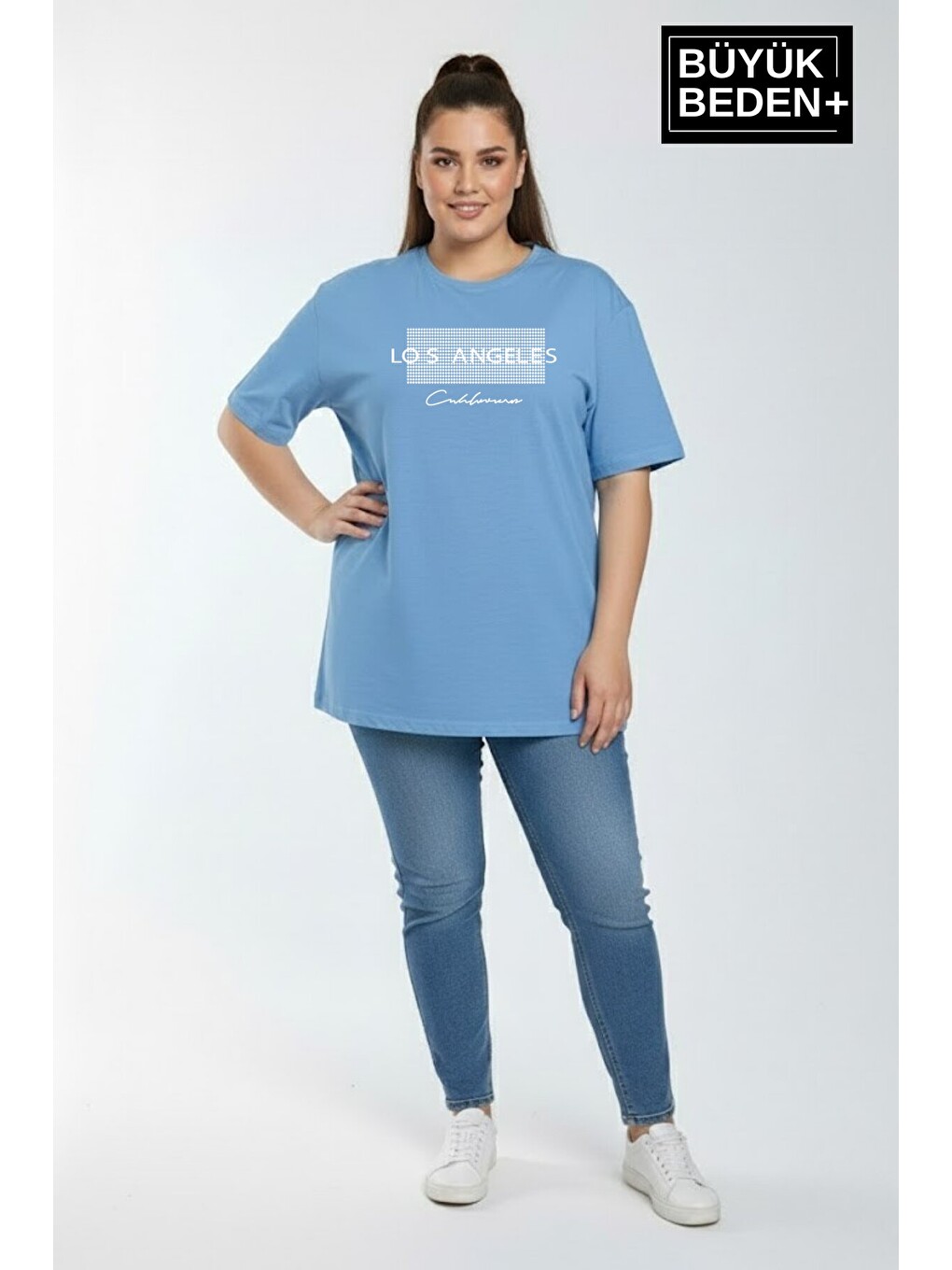 Mavi Kadın Büyük Beden Los Angeles Baskılı 3xl-6xl Bisiklet Yaka Tshırt Spr26btsk510-18