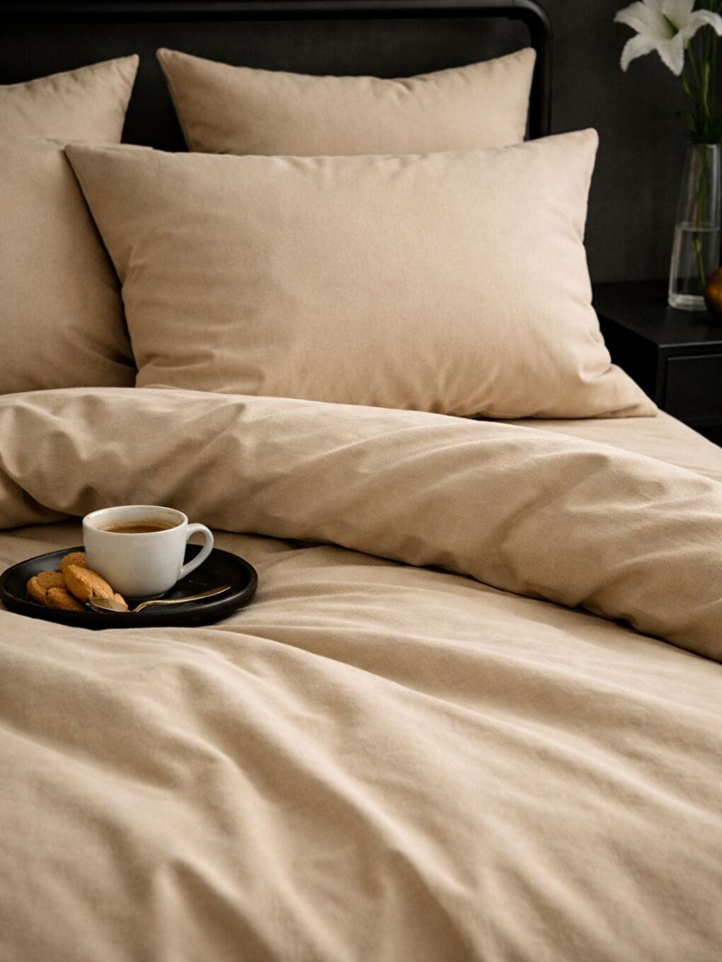 %100 Pamuklu Düz Boya Bej Çift Kişilik Nevresim Seti-1