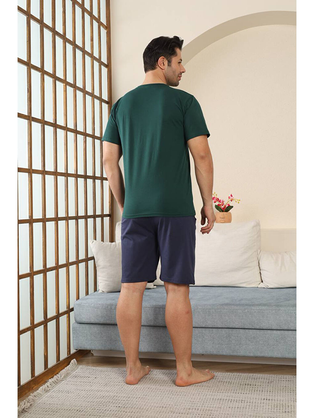 Haki %100 Pamuklu Kısa Kollu Cepli Erkek Şortlu Pijama Takımı 2015-4