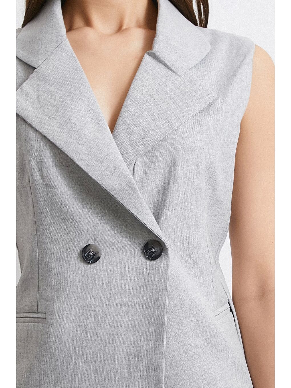 Çift Düğmeli Gömlek Yaka Yelek Gri-4