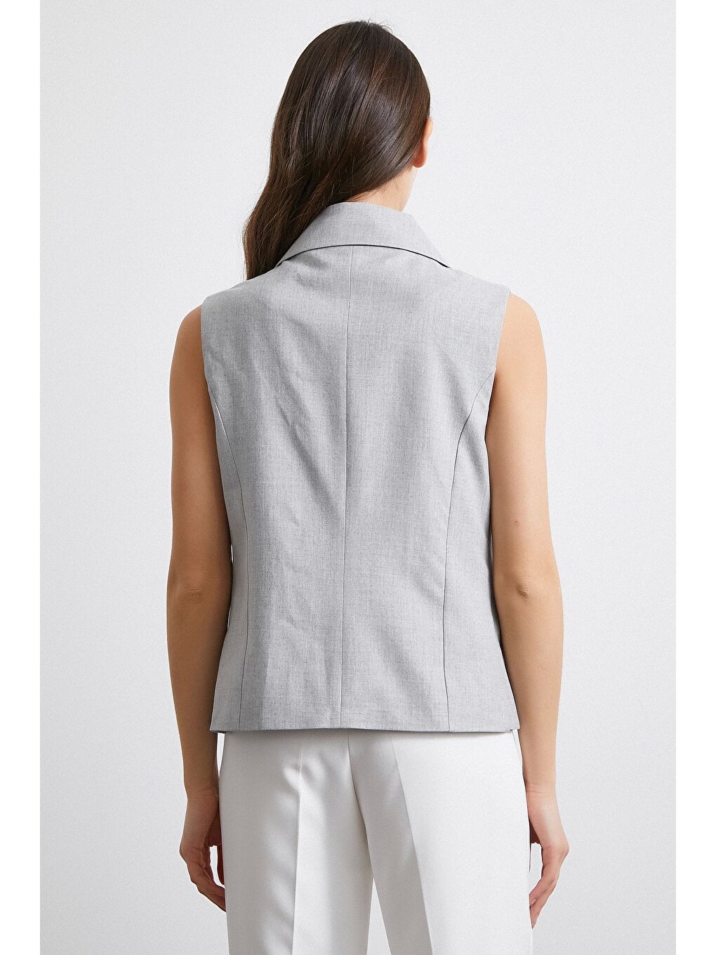 Çift Düğmeli Gömlek Yaka Yelek Gri-5