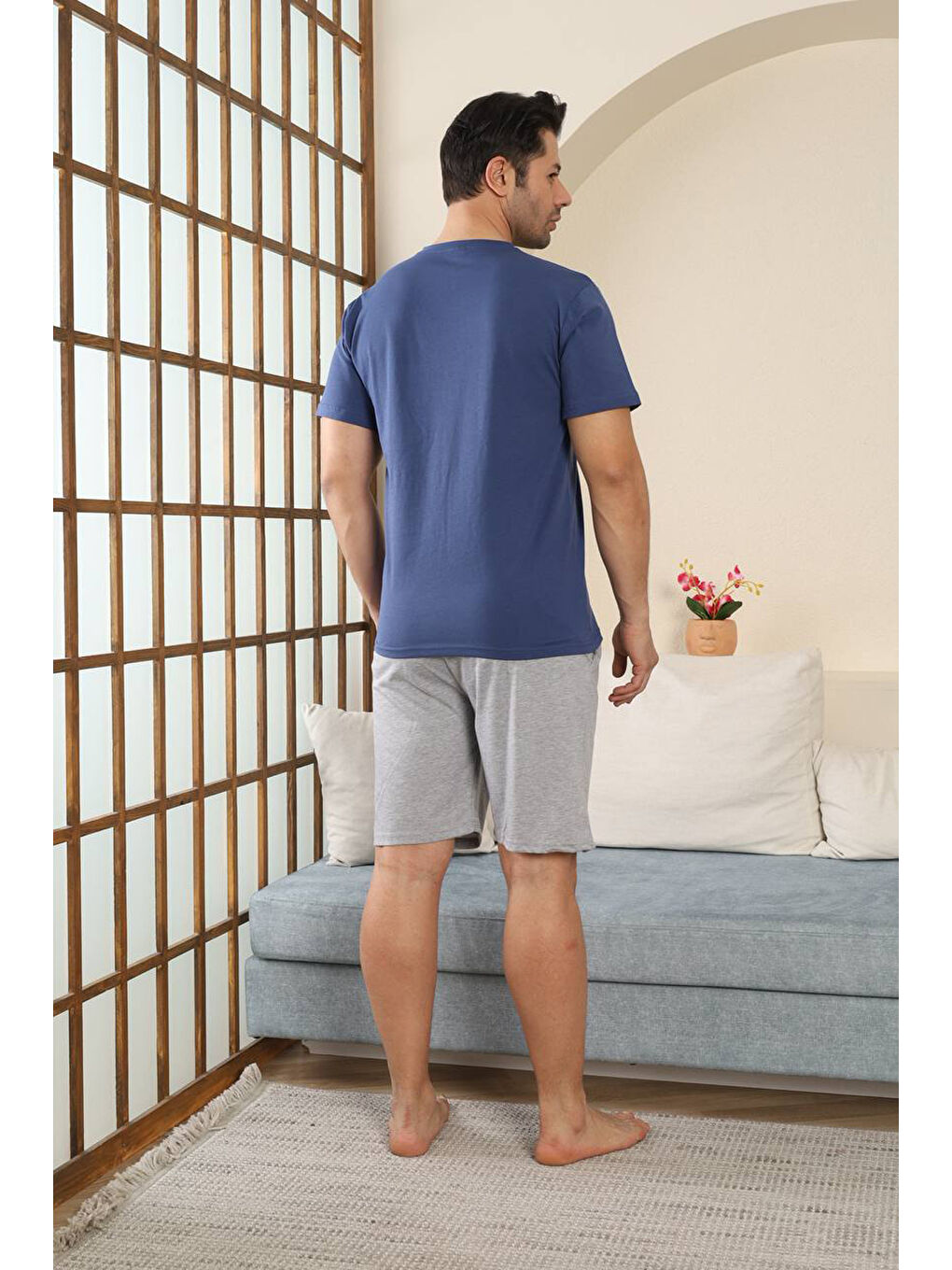 Lacivert %100 Pamuklu Kısa Kollu Cepli Erkek Şortlu Pijama Takımı 2015-4