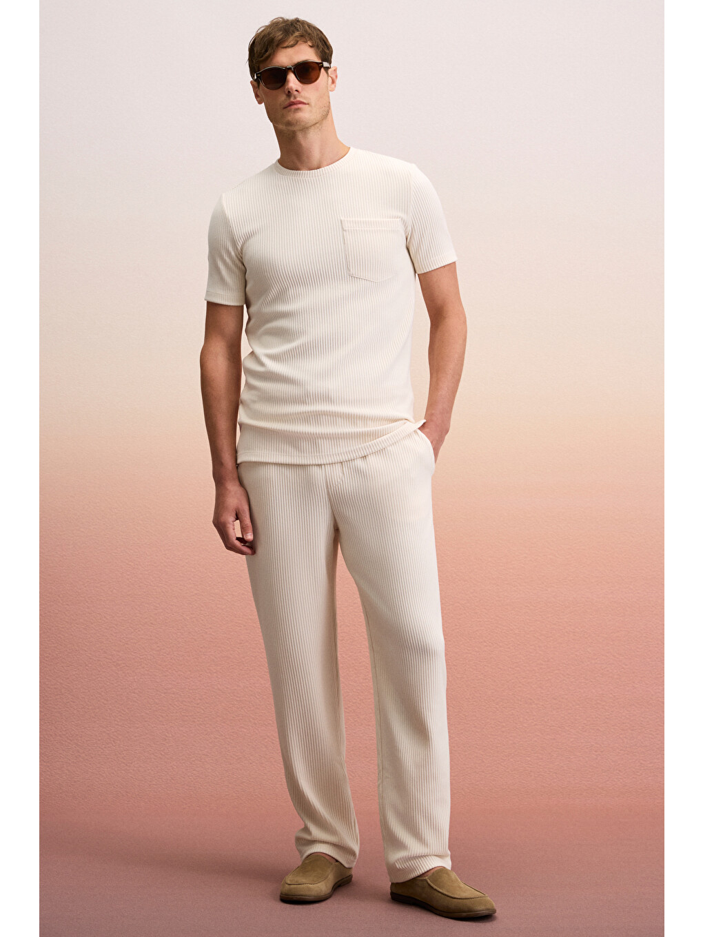 Ekru ERNO Erkek Beli Lastikli Yanları Cepli Relaxed KREM Pantolon-1