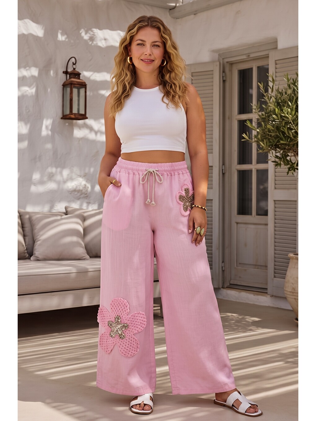 İtalyan Pembe Cepli Çiçek Aplikeli Lastikli Bel Geniş Paça 100% Keten Dokuma Pantolon 100 68