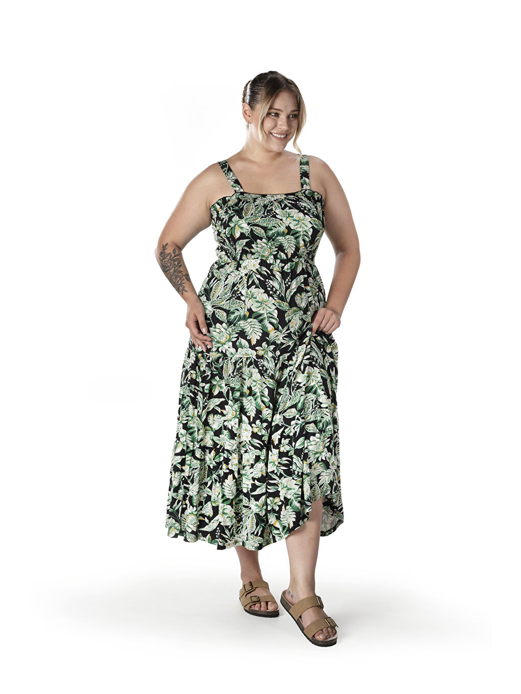 Yeşil Büyük Beden Çiçek Desenli Kalın Askılı Beli Lastikli Elbise T-82-1