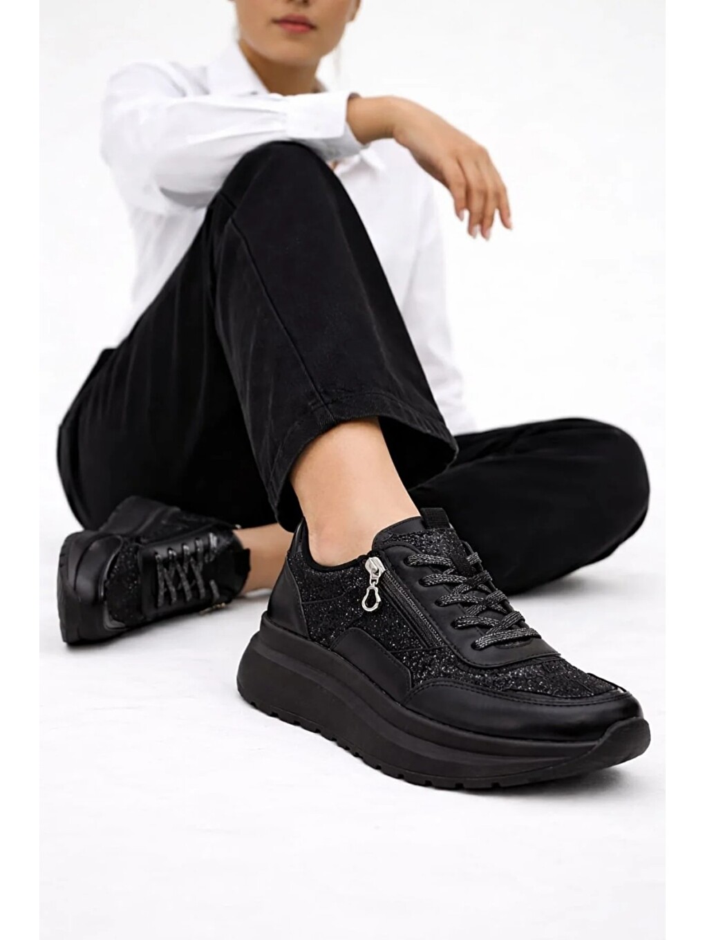 Siyah Yan Fermuarlı Işıltılı Trend 5 Cm Platform Kadın Sneaker Spor Ayakkabı