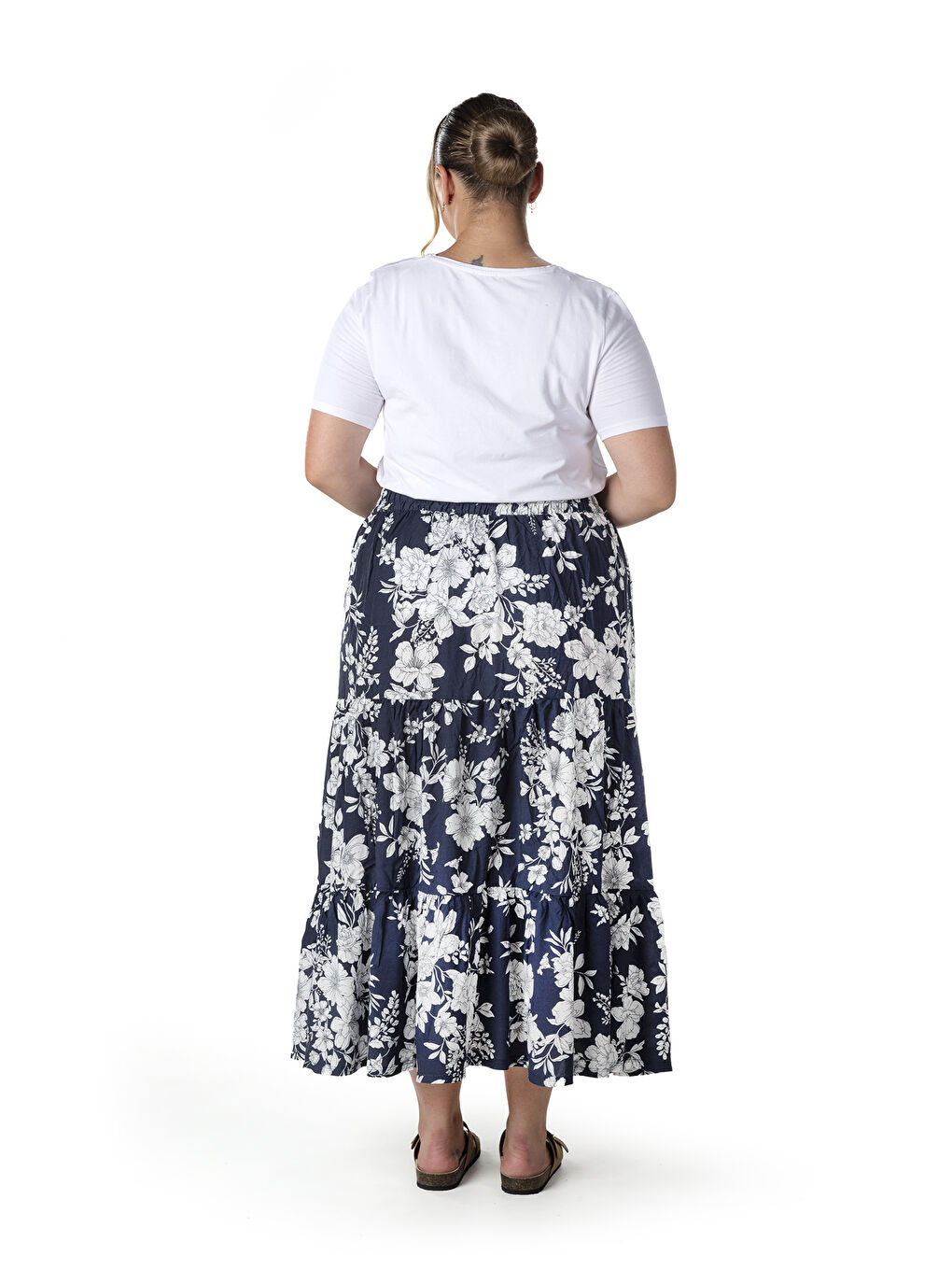 Lacivert Büyük Beden Çiçek Desenli Beli Listekli Bileli Uzun Etek T-14-5