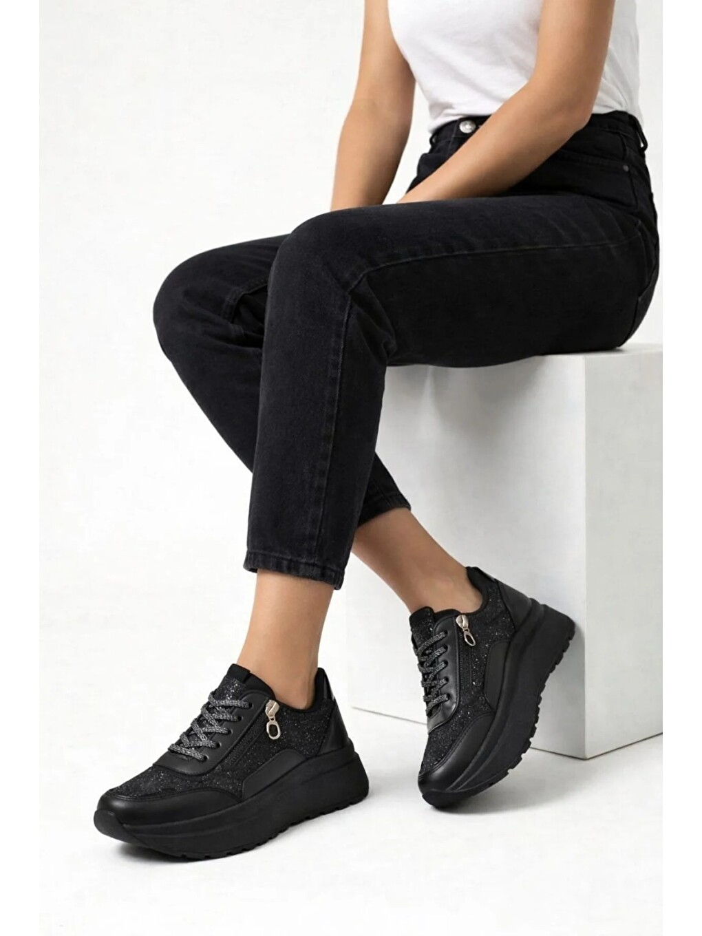 Siyah Yan Fermuarlı Işıltılı Trend 5 Cm Platform Kadın Sneaker Spor Ayakkabı-1