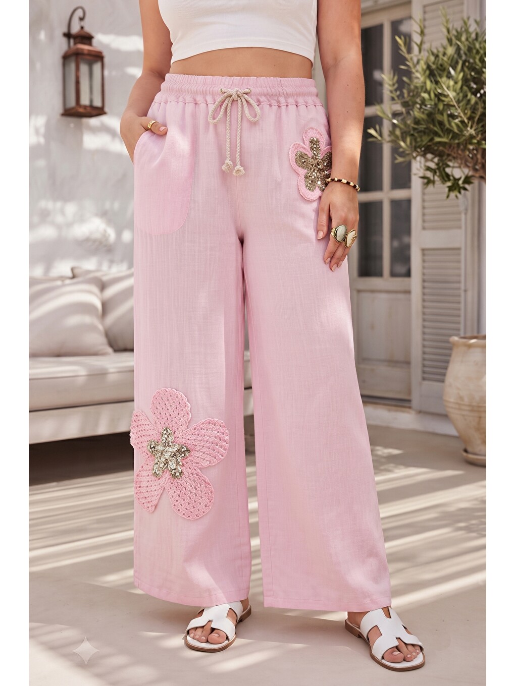İtalyan Pembe Cepli Çiçek Aplikeli Lastikli Bel Geniş Paça 100% Keten Dokuma Pantolon 100 68-2