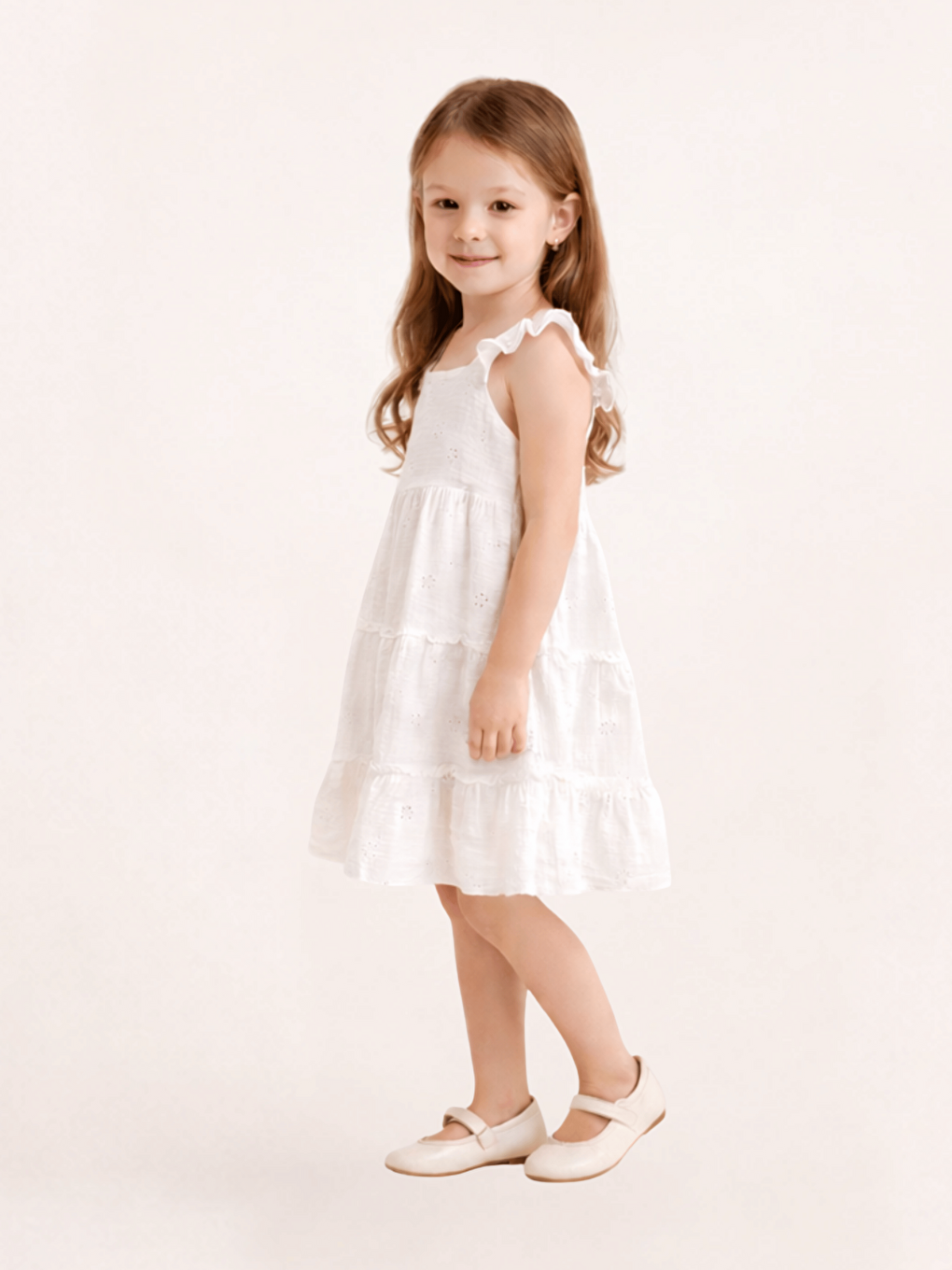 Ekru Kare Yaka Kısa Kollu Kız Çocuk Elbise-1