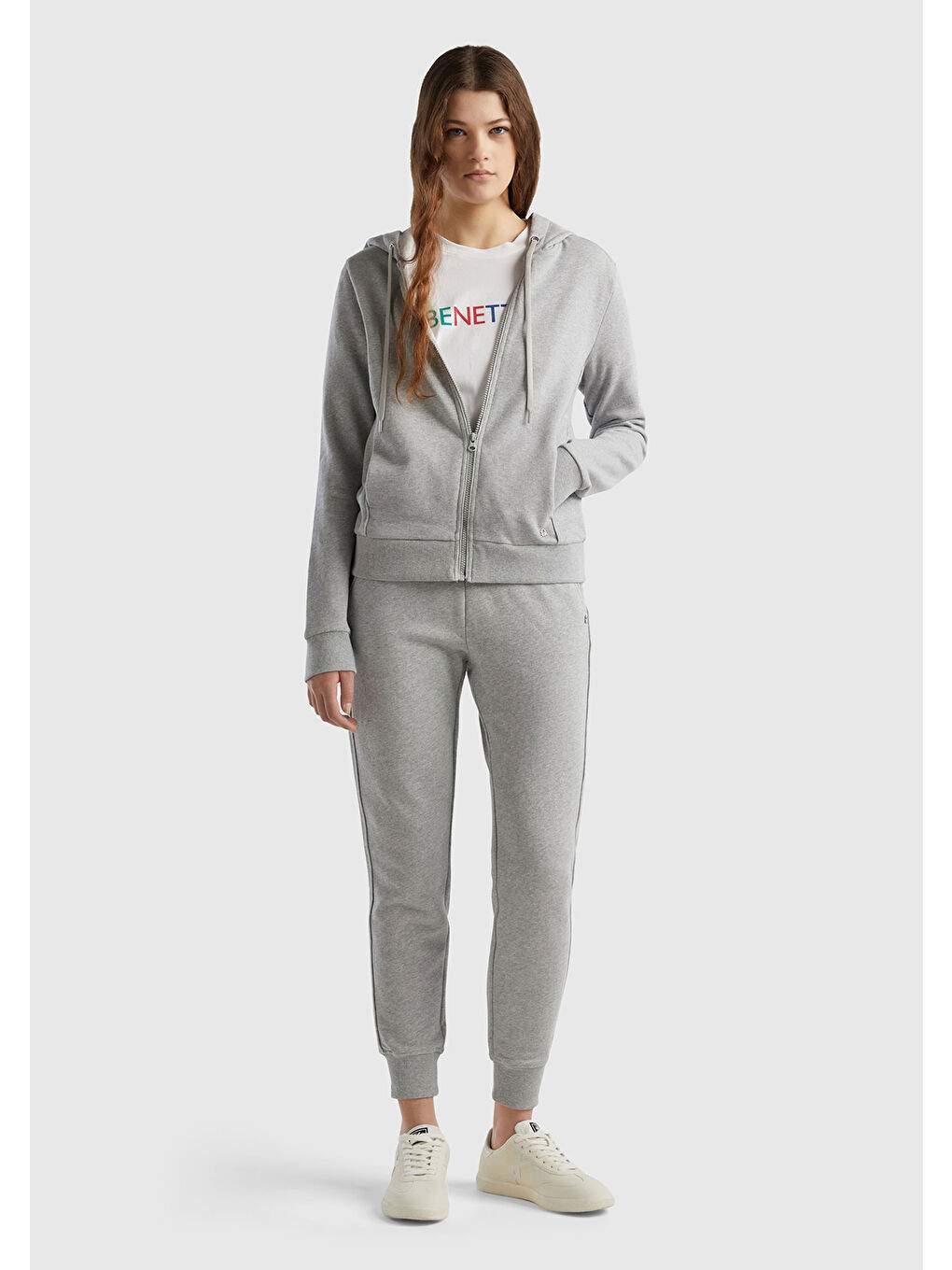 Kadın Gri Melanj  100 Pamuk Fermuarlı Kapüşonlu Renkli Biyeli Sweatshirt-4