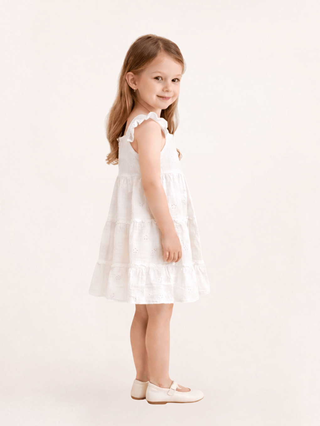 Ekru Kare Yaka Kısa Kollu Kız Çocuk Elbise-2