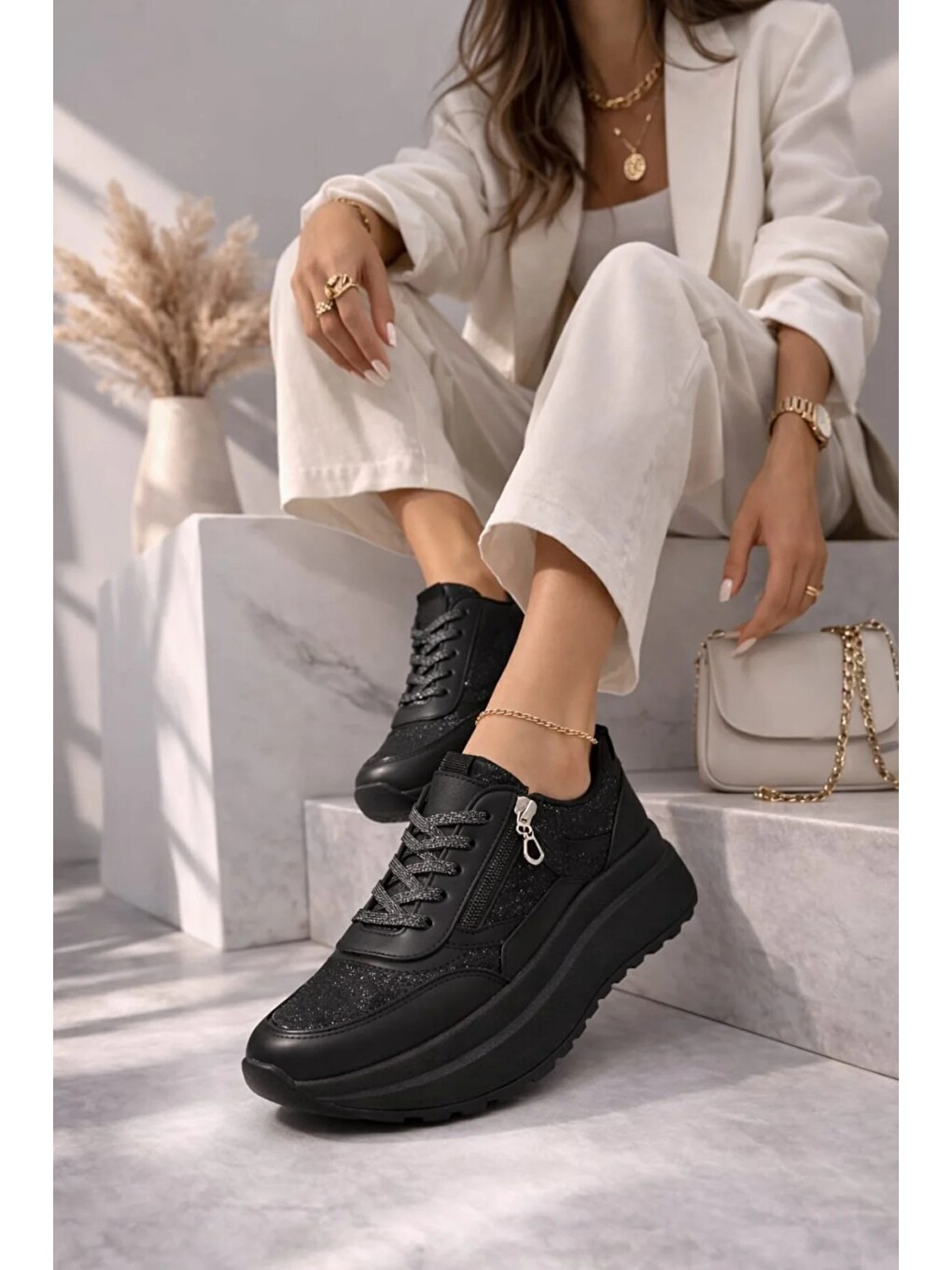 Siyah Yan Fermuarlı Işıltılı Trend 5 Cm Platform Kadın Sneaker Spor Ayakkabı-2