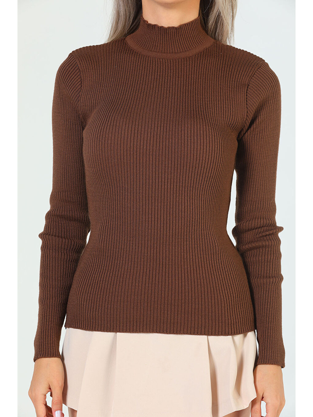 Kahverengi Kadın Yarım Balıkçı Yaka Elastanlı Triko Bluz-5