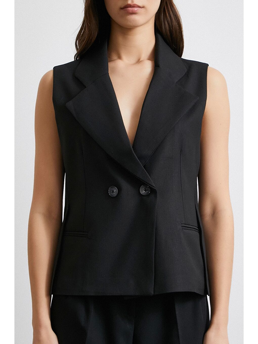 Çift Düğmeli Gömlek Yaka Yelek Siyah-4