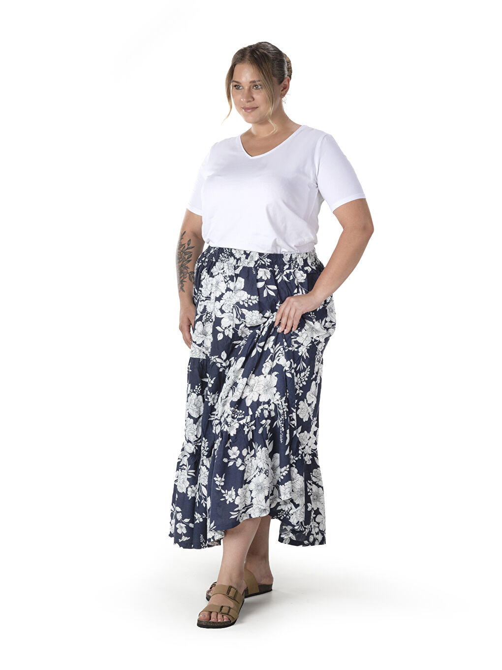 Lacivert Büyük Beden Çiçek Desenli Beli Listekli Bileli Uzun Etek T-14-6