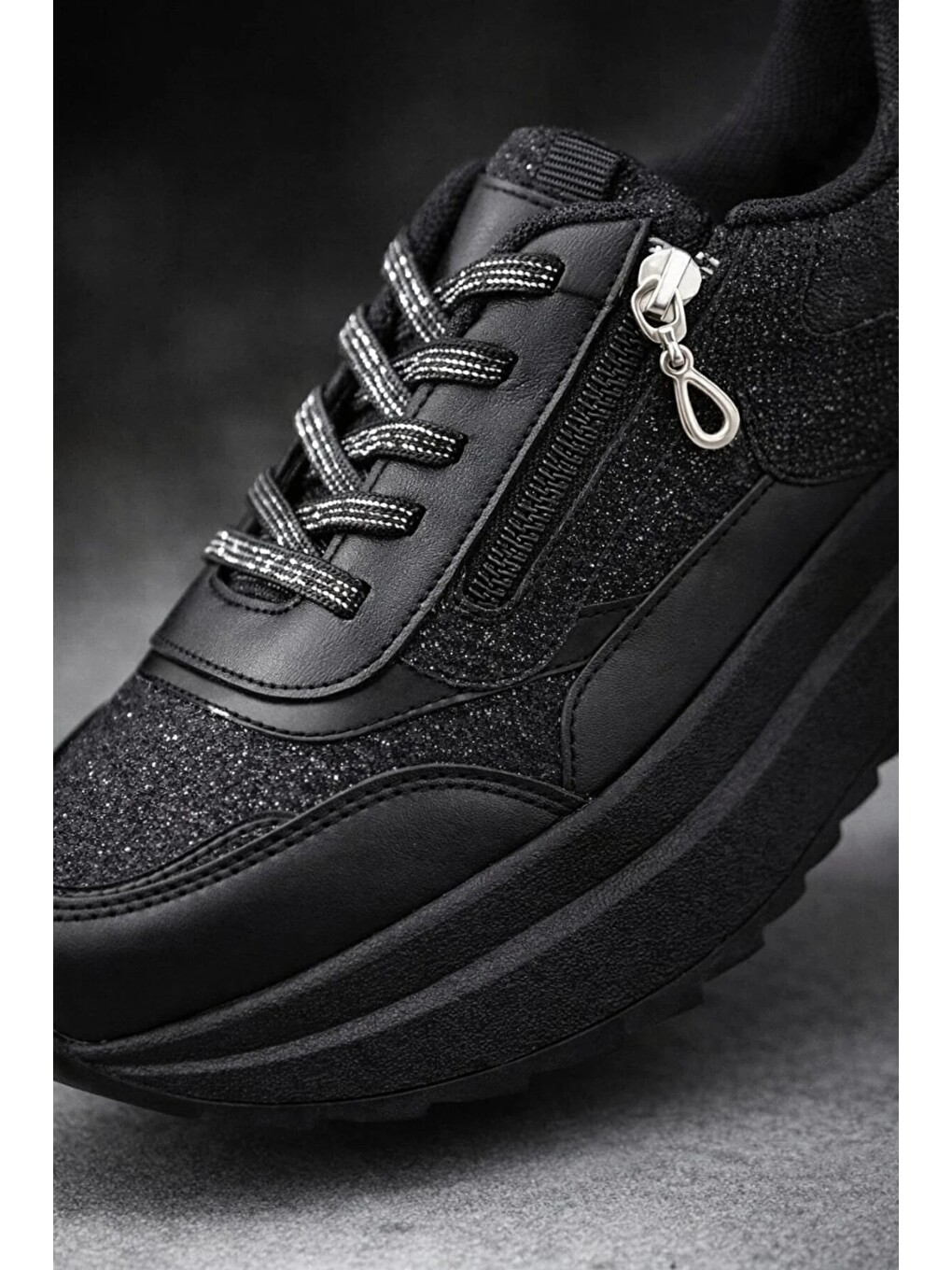 Siyah Yan Fermuarlı Işıltılı Trend 5 Cm Platform Kadın Sneaker Spor Ayakkabı-3