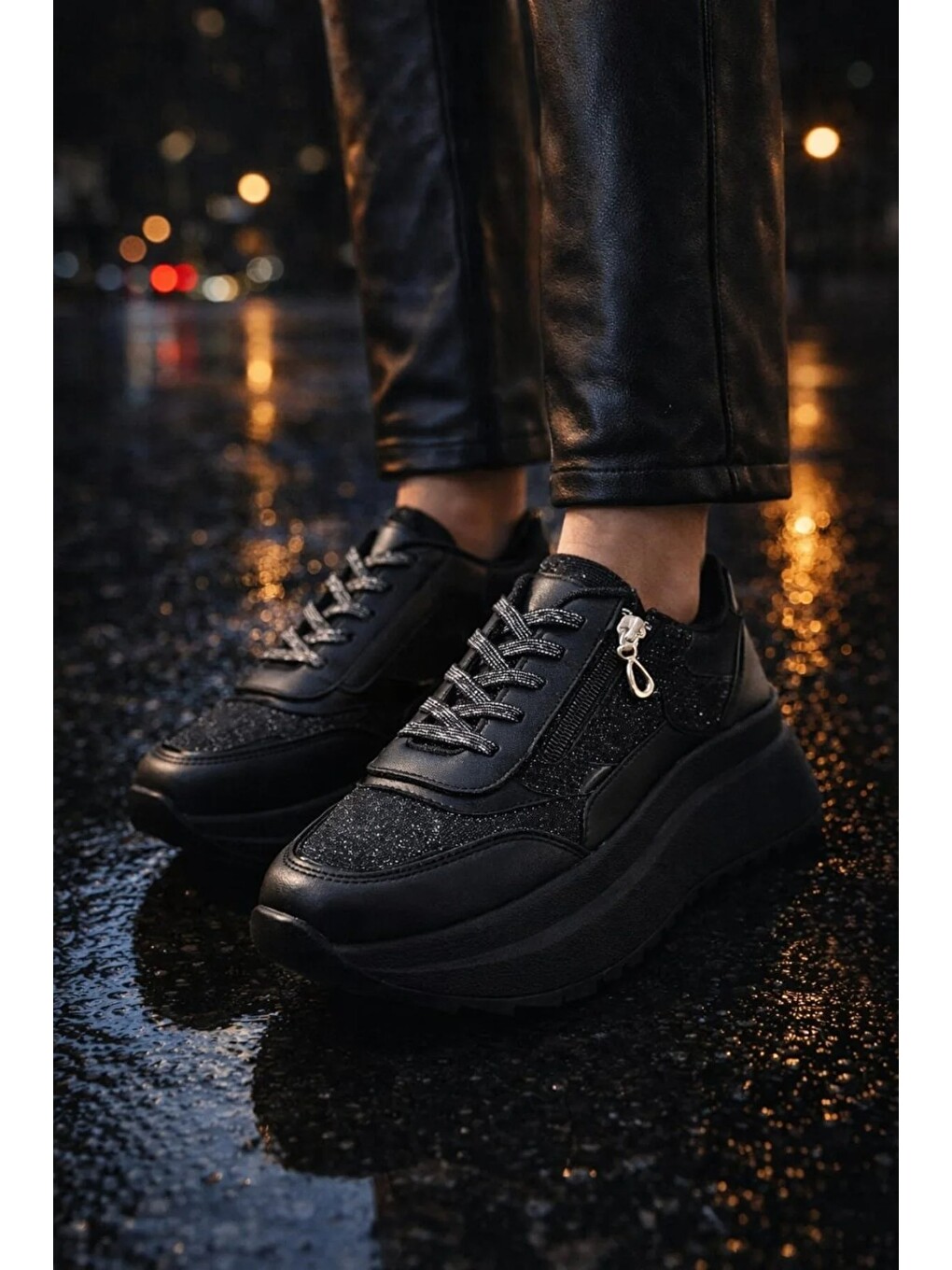 Siyah Yan Fermuarlı Işıltılı Trend 5 Cm Platform Kadın Sneaker Spor Ayakkabı-4