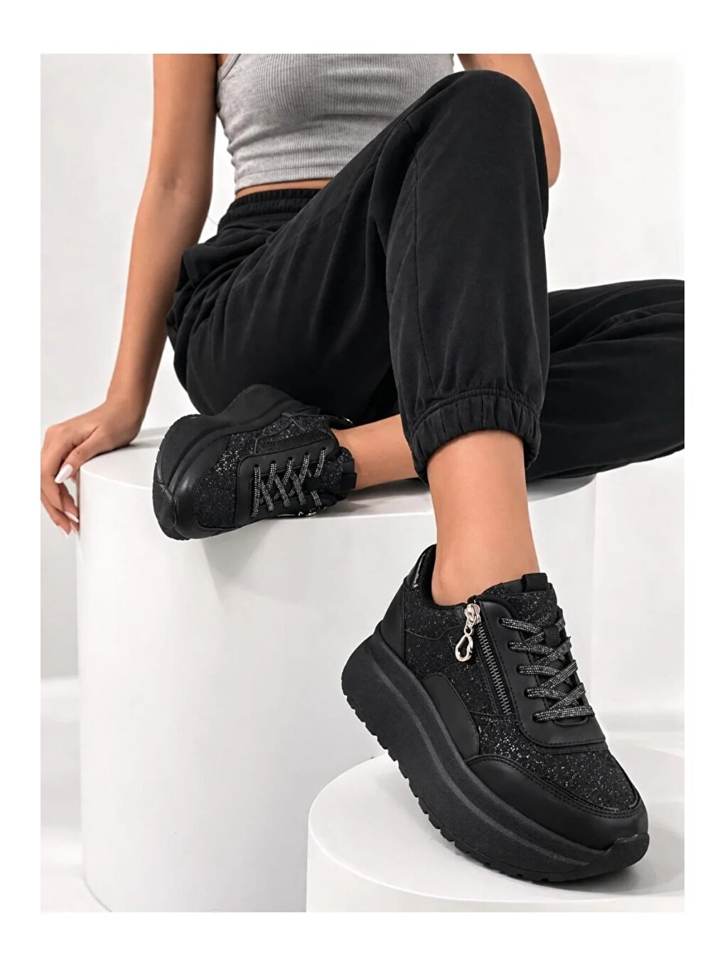 Siyah Yan Fermuarlı Işıltılı Trend 5 Cm Platform Kadın Sneaker Spor Ayakkabı-5