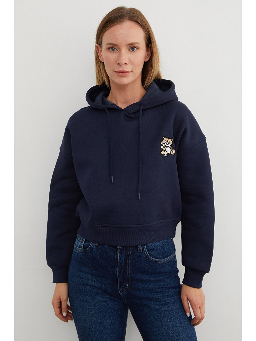 Lacivert 3 İplik Ayıcık Nakışlı Kapüşonlu Sweatshirt