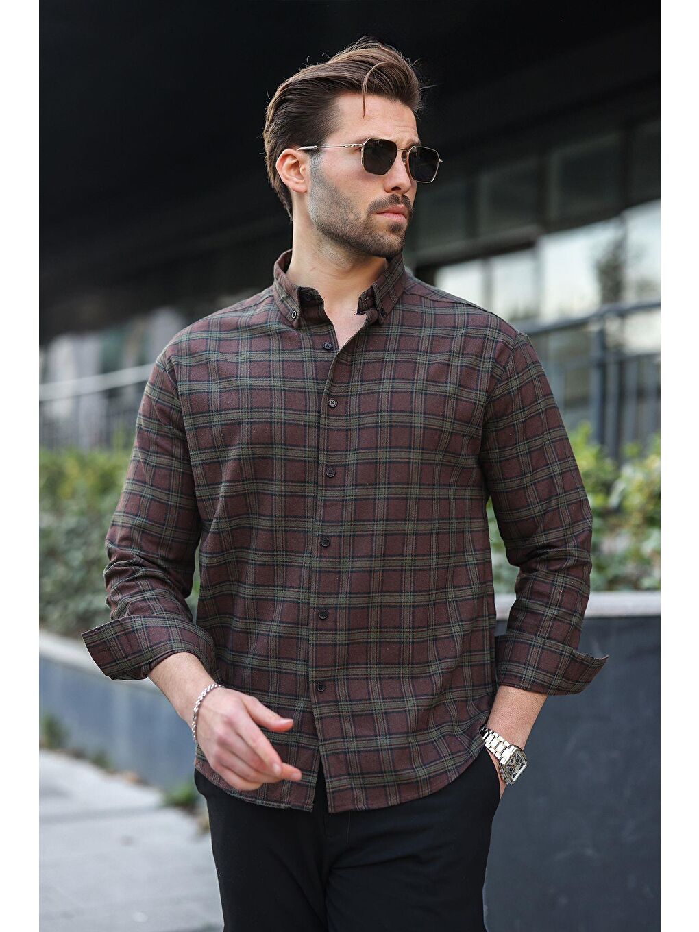 Kahverengi Düğmeli Ekose Desenli Erkek Gömlek E6768-1