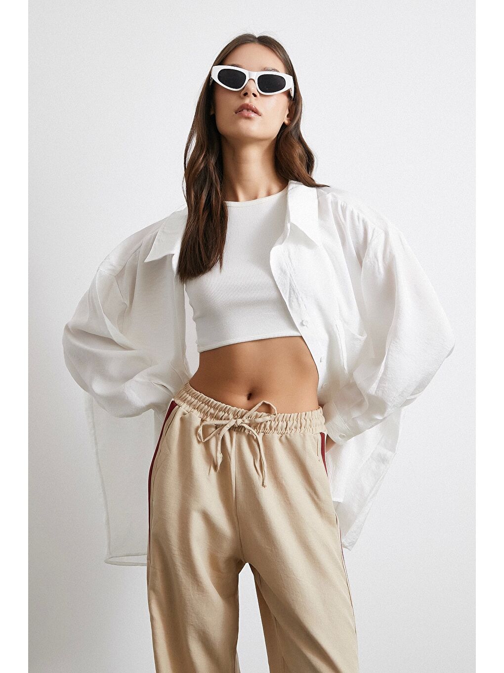 Oversize Cepli Modal Gömlek Beyaz