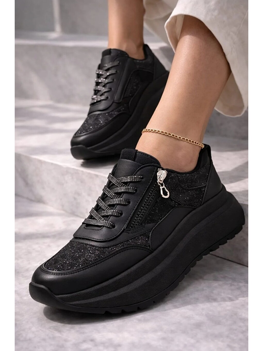 Siyah Yan Fermuarlı Işıltılı Trend 5 Cm Platform Kadın Sneaker Spor Ayakkabı-6