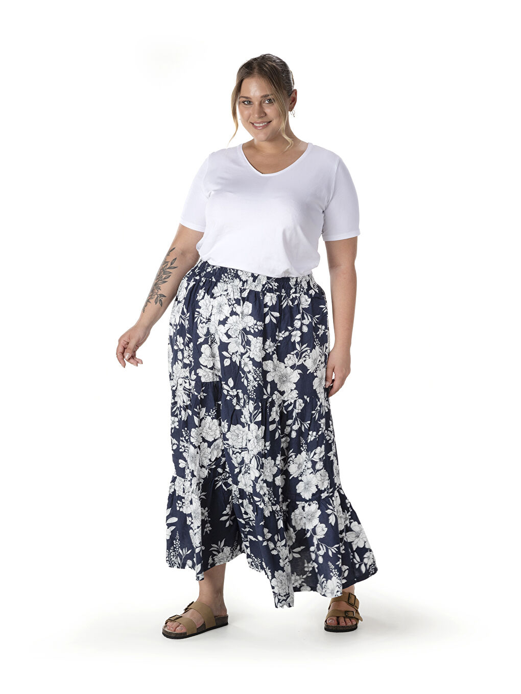 Lacivert Büyük Beden Çiçek Desenli Beli Listekli Bileli Uzun Etek T-14-7