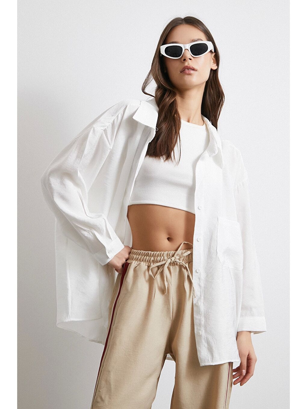 Oversize Cepli Modal Gömlek Beyaz-1