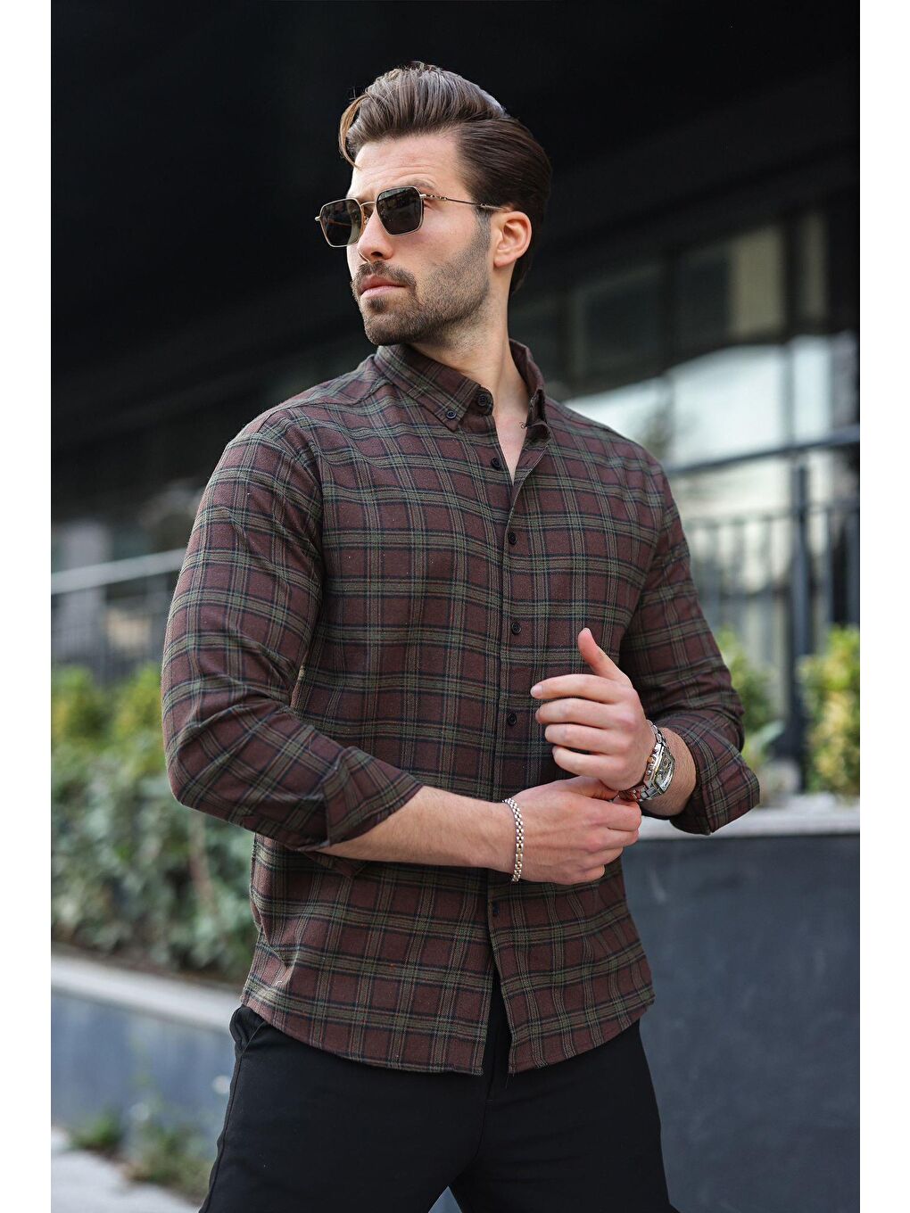 Kahverengi Düğmeli Ekose Desenli Erkek Gömlek E6768-2