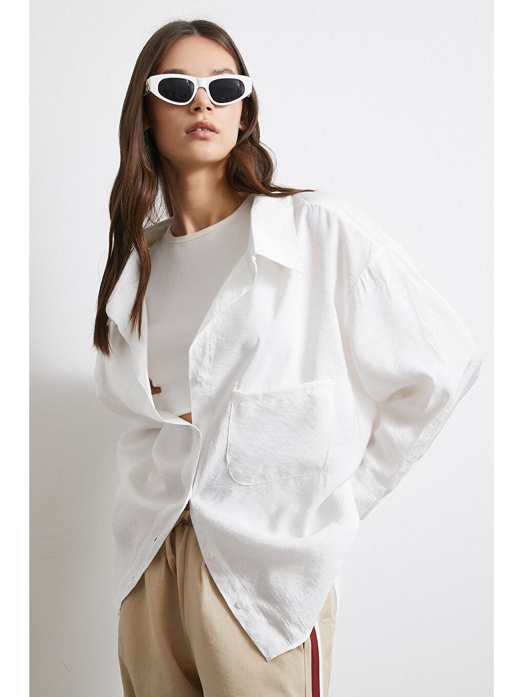 Oversize Cepli Modal Gömlek Beyaz-3