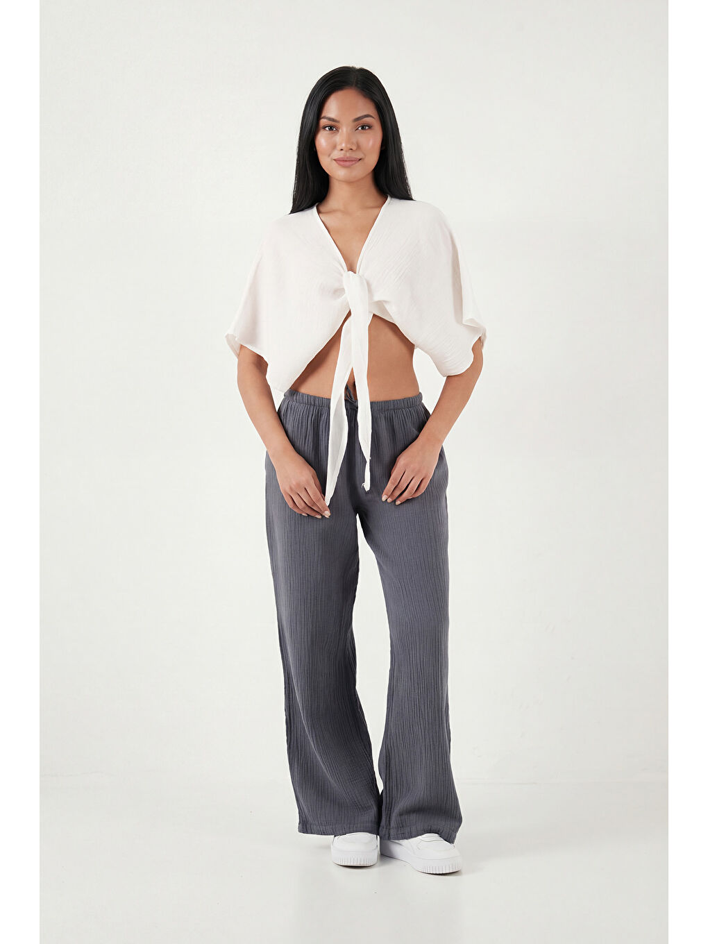 Ekru Pamuklu Comfort Fit Bağlamalı Yarasa Kol Kadın Bolero 5866354-1