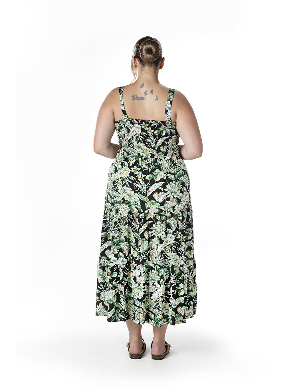 Yeşil Büyük Beden Çiçek Desenli Kalın Askılı Beli Lastikli Elbise T-82-4