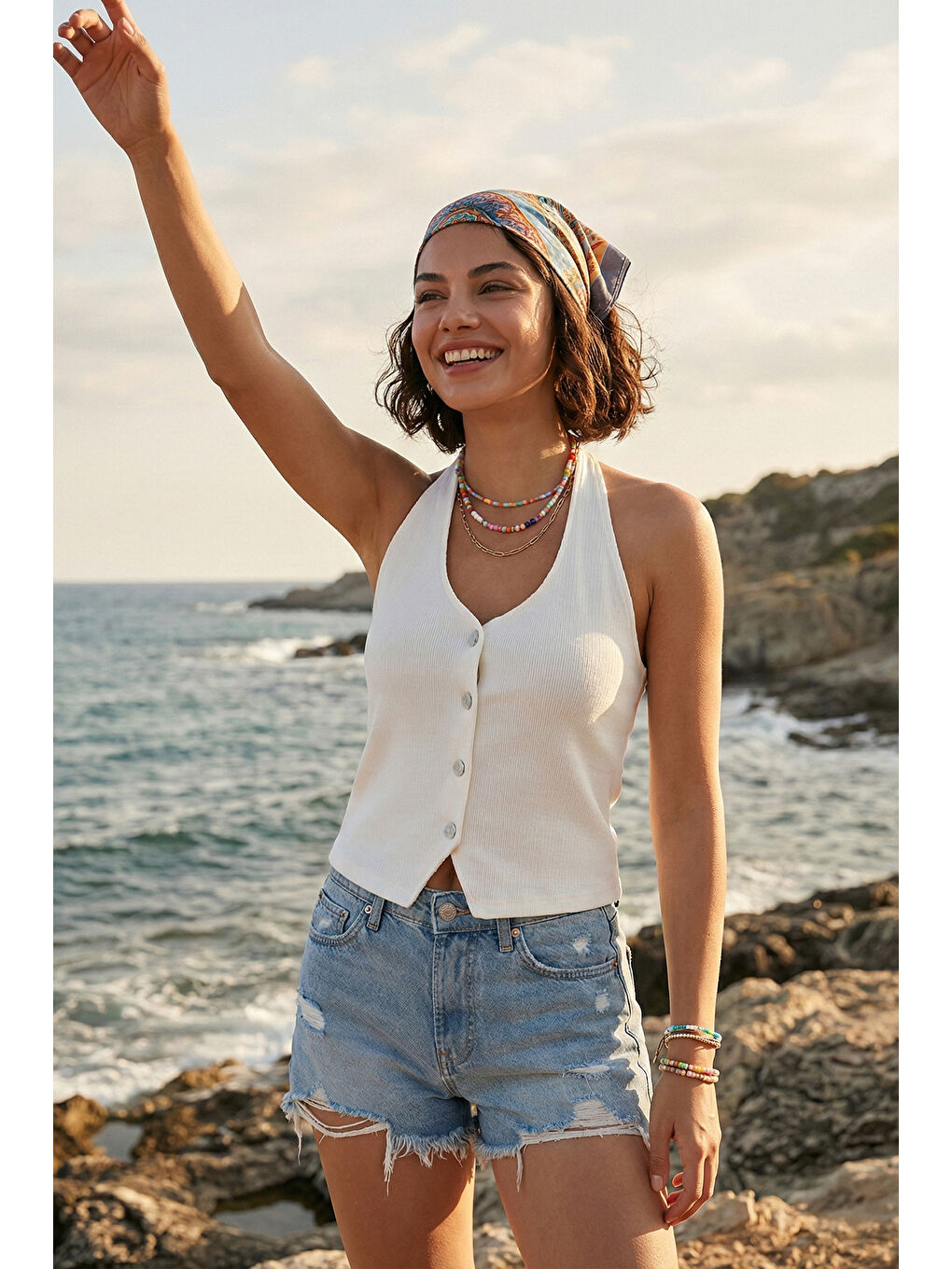 Ekru Fitilli Fitted Fit Halter Yaka Sırt Dekolteli Kadın Yelek 5866515