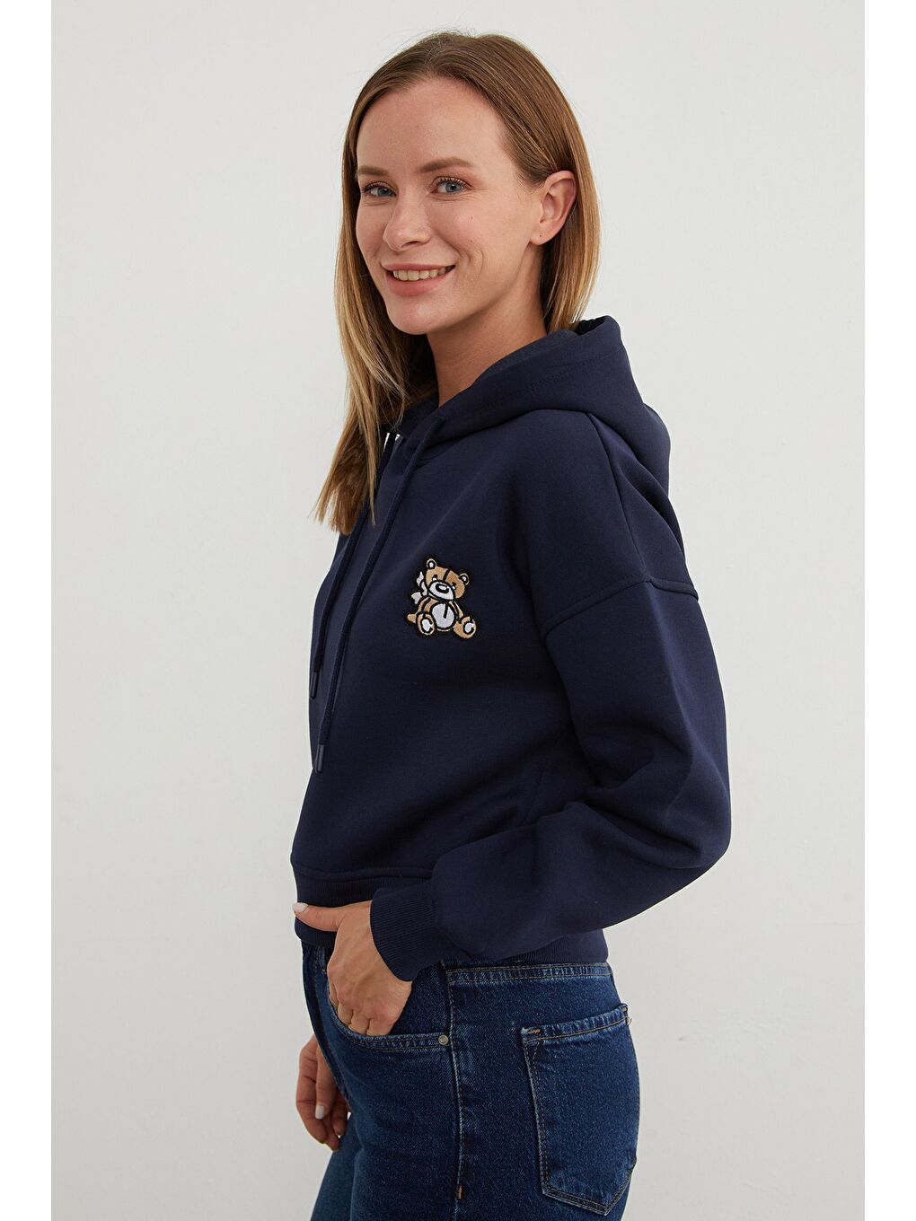 Lacivert 3 İplik Ayıcık Nakışlı Kapüşonlu Sweatshirt-1