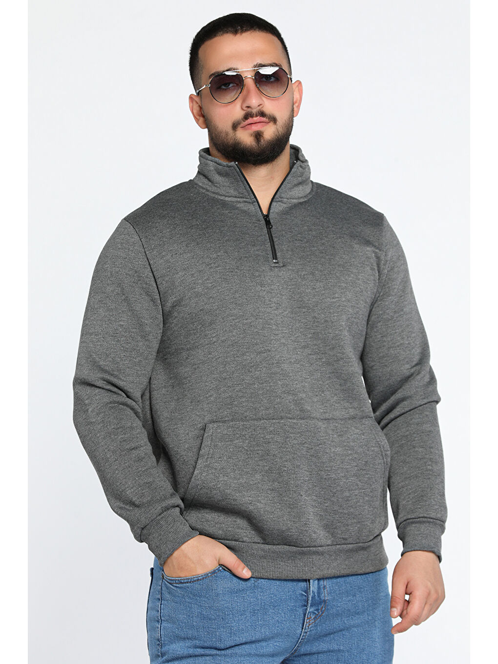 Mishar İtalia Gri Yarım Fermuarlı Üç İplik Şardonlu Erkek Sweatshirt