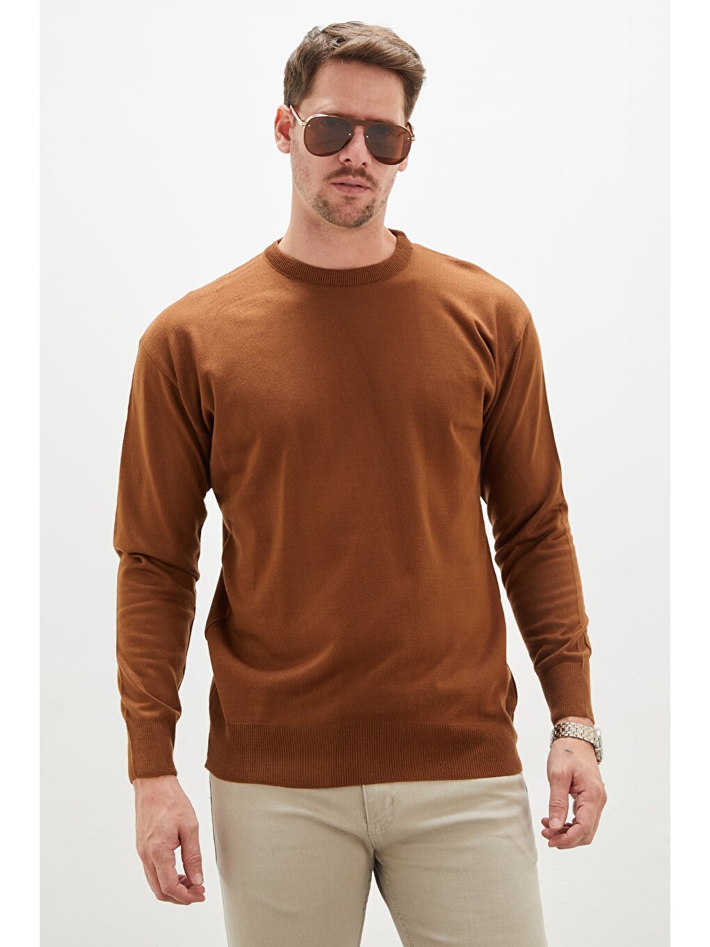 Kahverengi Basic Bisiklet Yaka Regular Fit Triko Kazak-1