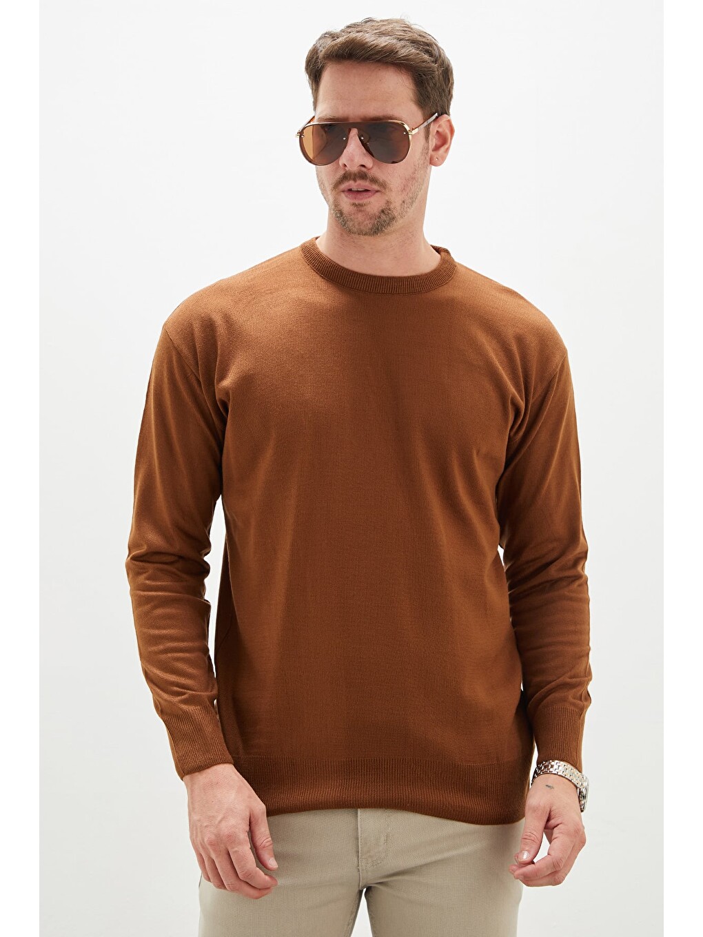 Kahverengi Basic Bisiklet Yaka Regular Fit Triko Kazak-2