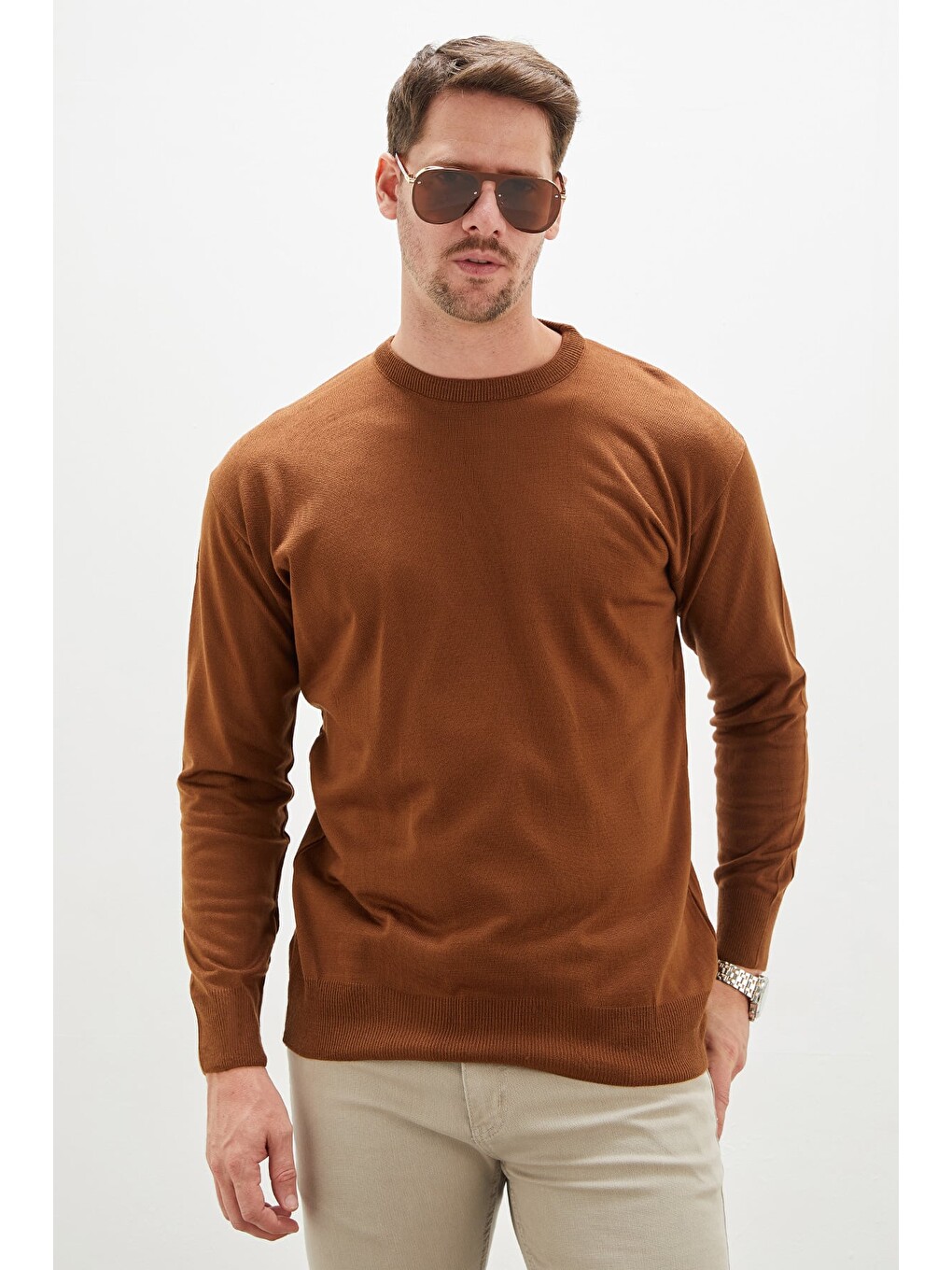 Kahverengi Basic Bisiklet Yaka Regular Fit Triko Kazak-3