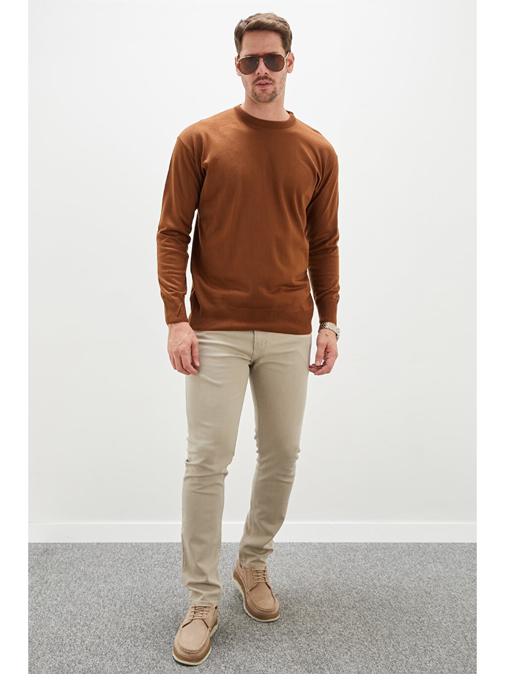 Kahverengi Basic Bisiklet Yaka Regular Fit Triko Kazak-4