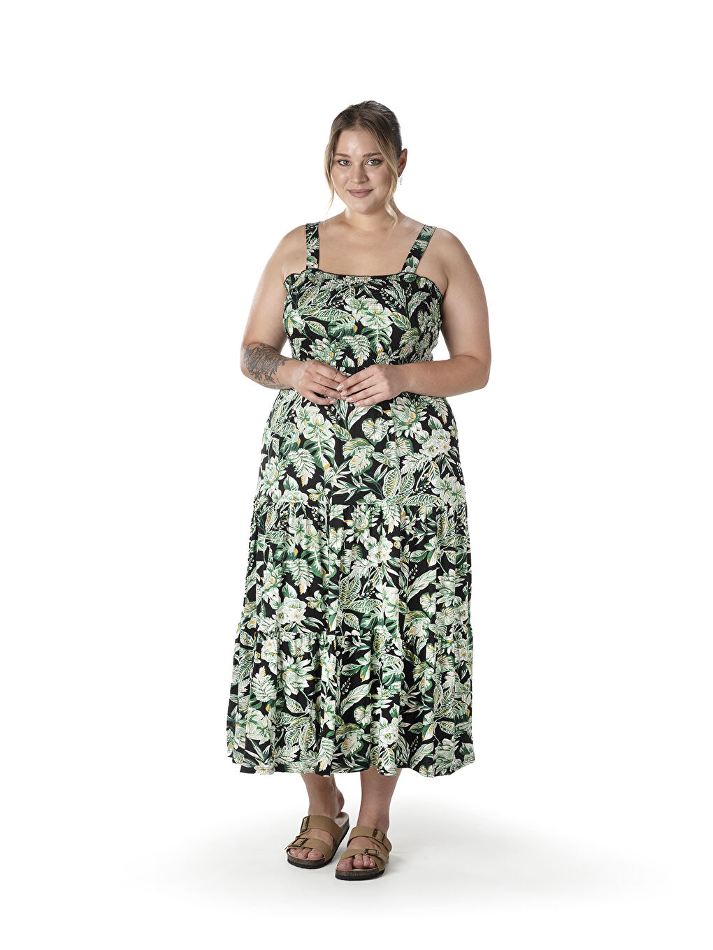 Yeşil Büyük Beden Çiçek Desenli Kalın Askılı Beli Lastikli Elbise T-82-5