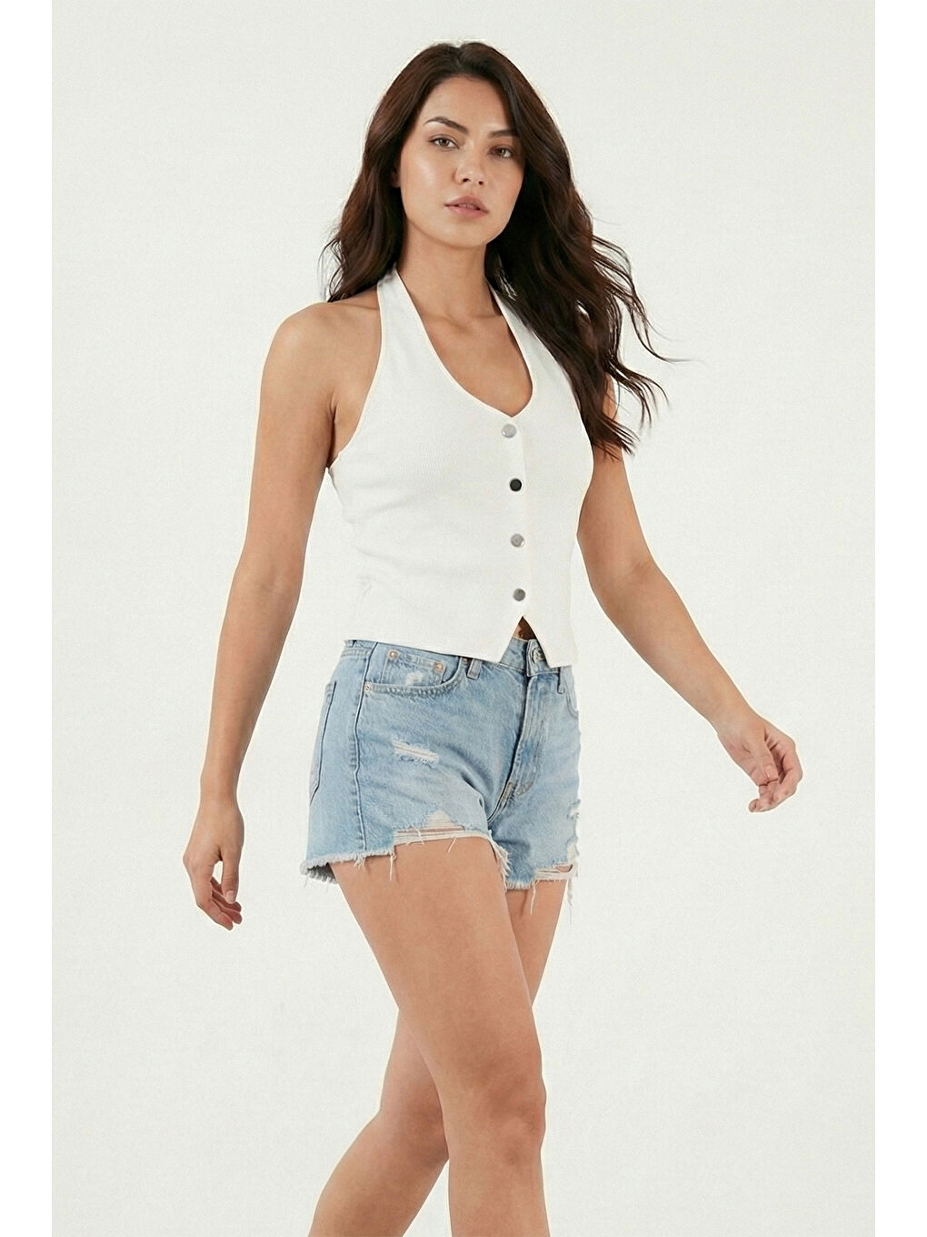 Ekru Fitilli Fitted Fit Halter Yaka Sırt Dekolteli Kadın Yelek 5866515-1