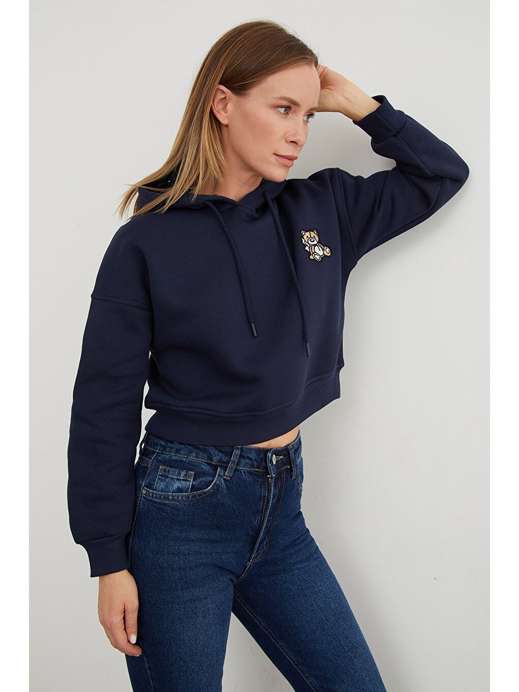 Lacivert 3 İplik Ayıcık Nakışlı Kapüşonlu Sweatshirt-3