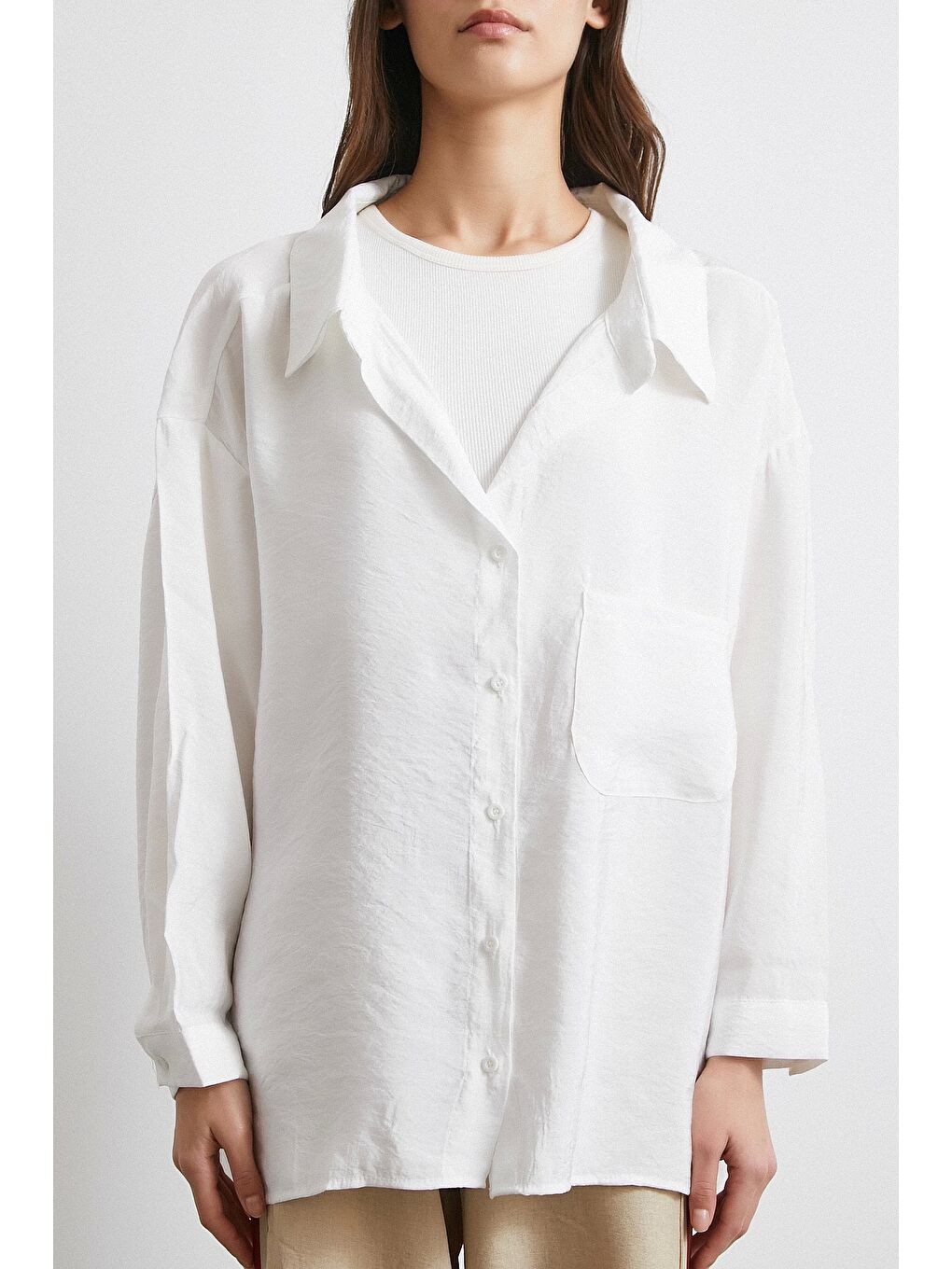 Oversize Cepli Modal Gömlek Beyaz-5