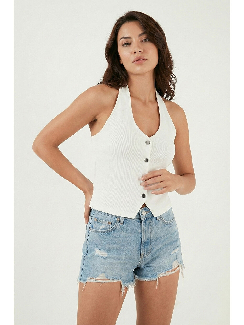 Ekru Fitilli Fitted Fit Halter Yaka Sırt Dekolteli Kadın Yelek 5866515-2