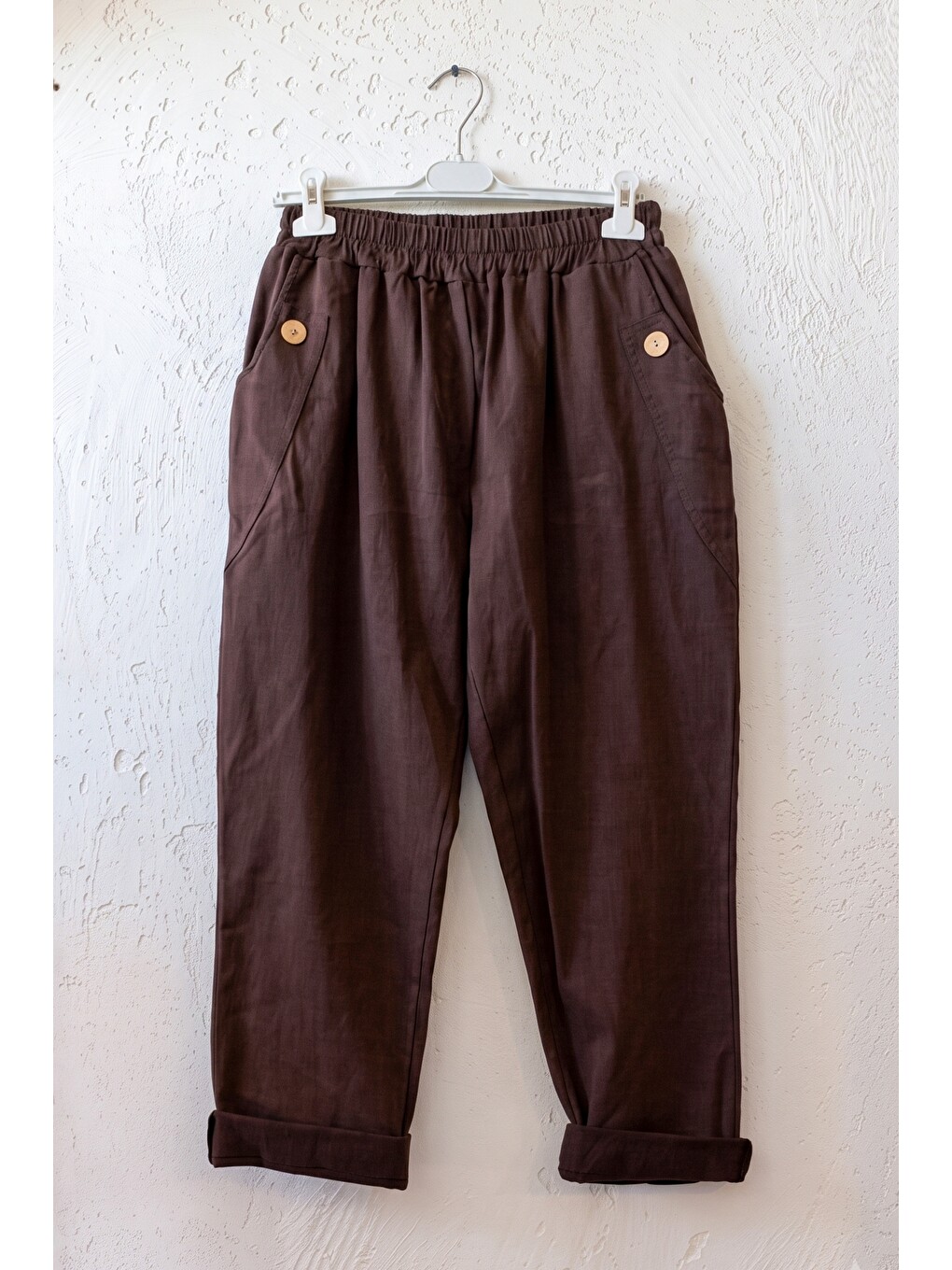 İtalyan Kahverengi Cepli Lastikli Bel Şalvar Paça Casual Gabardin Dokuma Pantolon 100 63-1